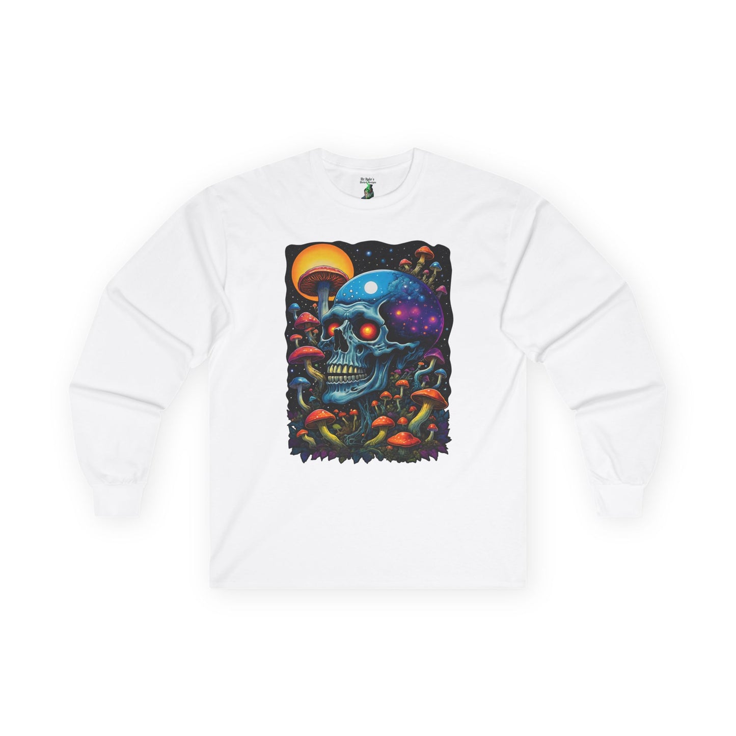 Cosmic Skull Long Sleeve Tee, Psychedelic Shirt, Magic Mushroom Art Tee, Unisex Graphic Tee, Halloween Gift, Festival Wear