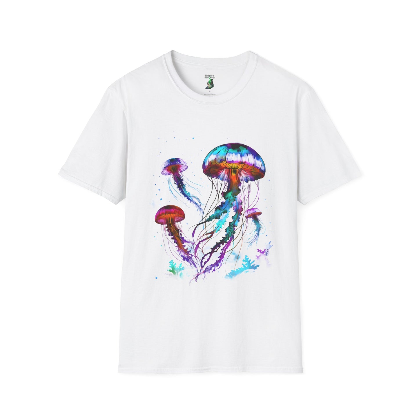 Colorful Jellyfish Unisex Softstyle T-Shirt - Ocean Vibes Tee - Salt Life Shirt, Black Light Tee