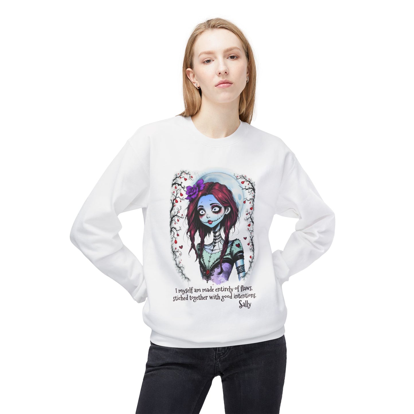 Sally Nightmare Before Christmas Sweatshirt - Unisex Crewneck Design, Jack and Sally Merch, Flawed Good Intentions, Stylized Quote, Soft