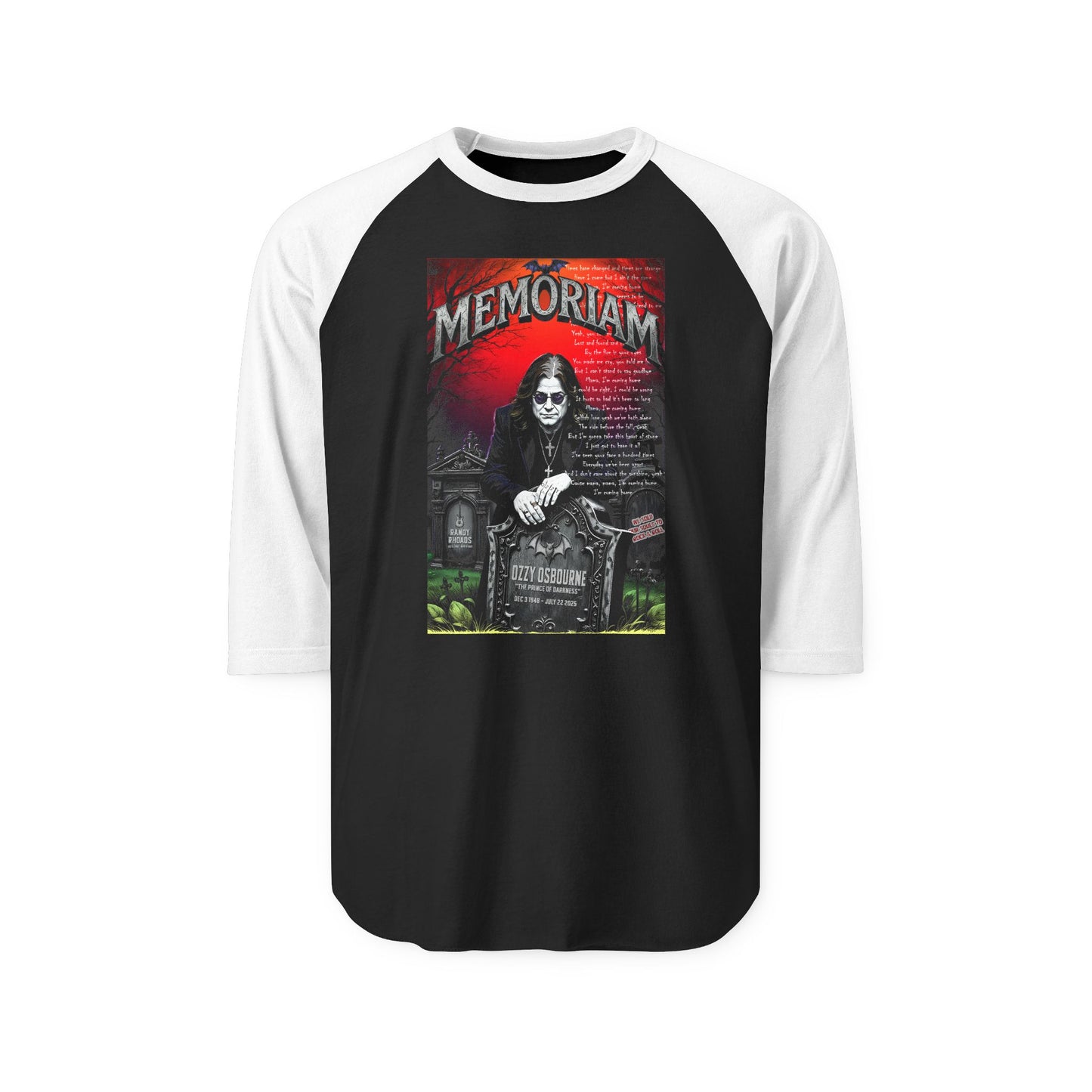 Ozzy Osbourne Memoriam Raglan Shirt, Prince of Darkness 3/4 Sleeve Tee, Rock and Roll Concert Apparel, Unisex Music Festival Jersey, Casual