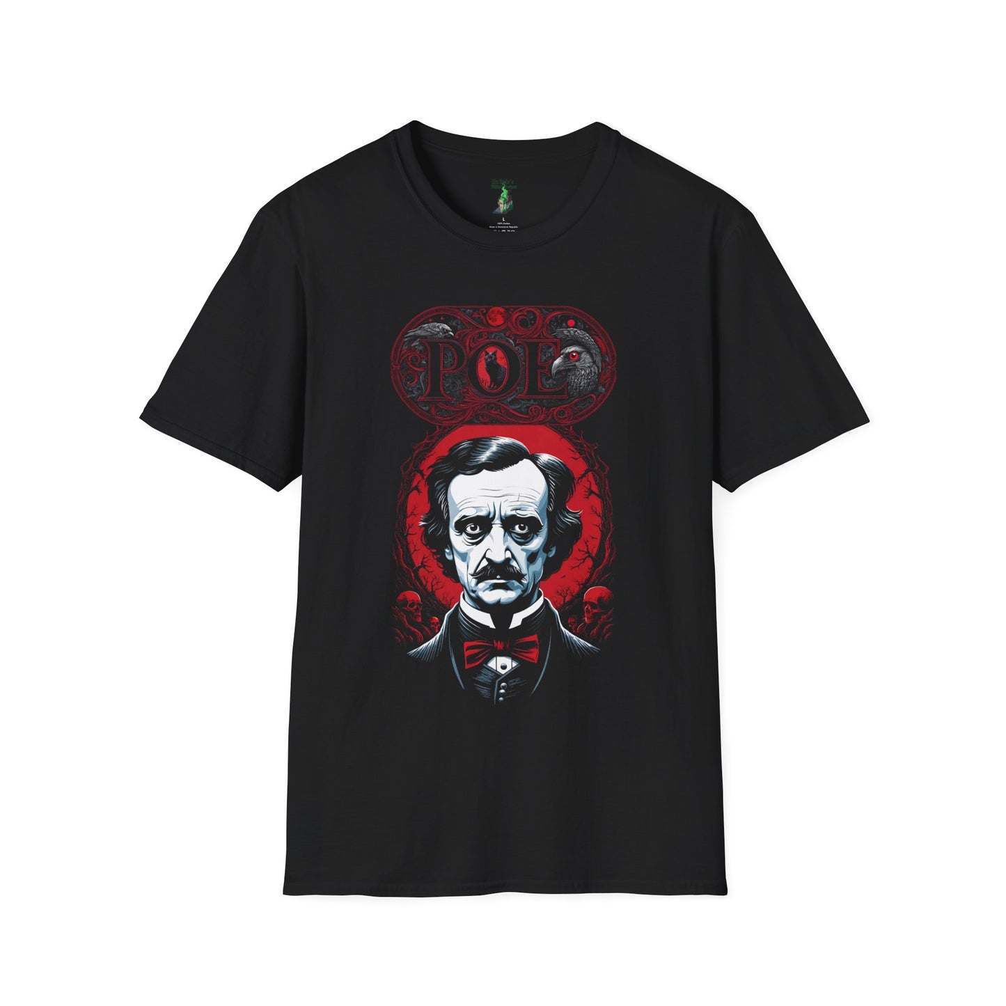 Edgar Allen Poe Tribute Unisex T-Shirt, Gothic Raven Skull Cat Halftone Tee, Black Red Poe Fan Shirt, Creepy Gothic Style Tee, Gothic
