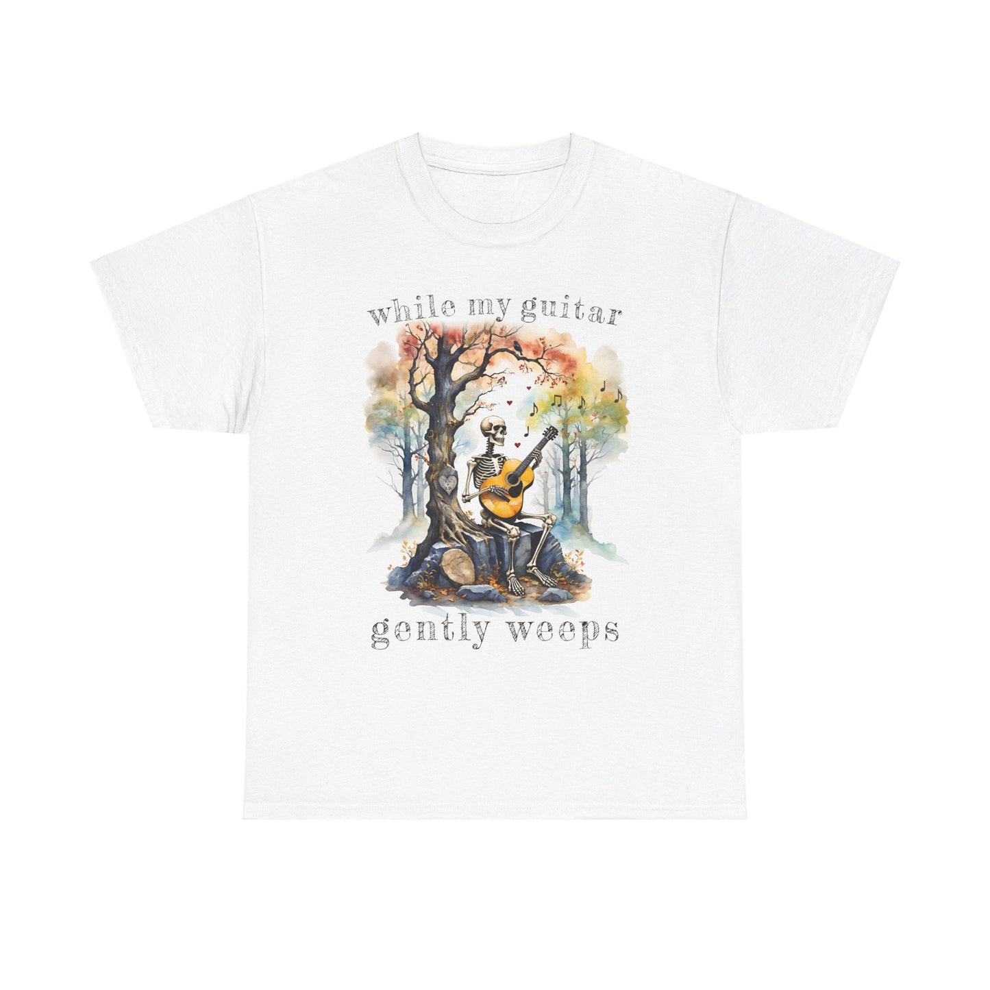 This gothic skeleton T-shirt featuring a grisly guitarist jamming on an acoustic guitar in a haunting watercolor forest is a stunning tongue-in-cheek homage to the Beatles music. This stunning design looks great on this white Gildan unisex heavy cotton t-shirt.