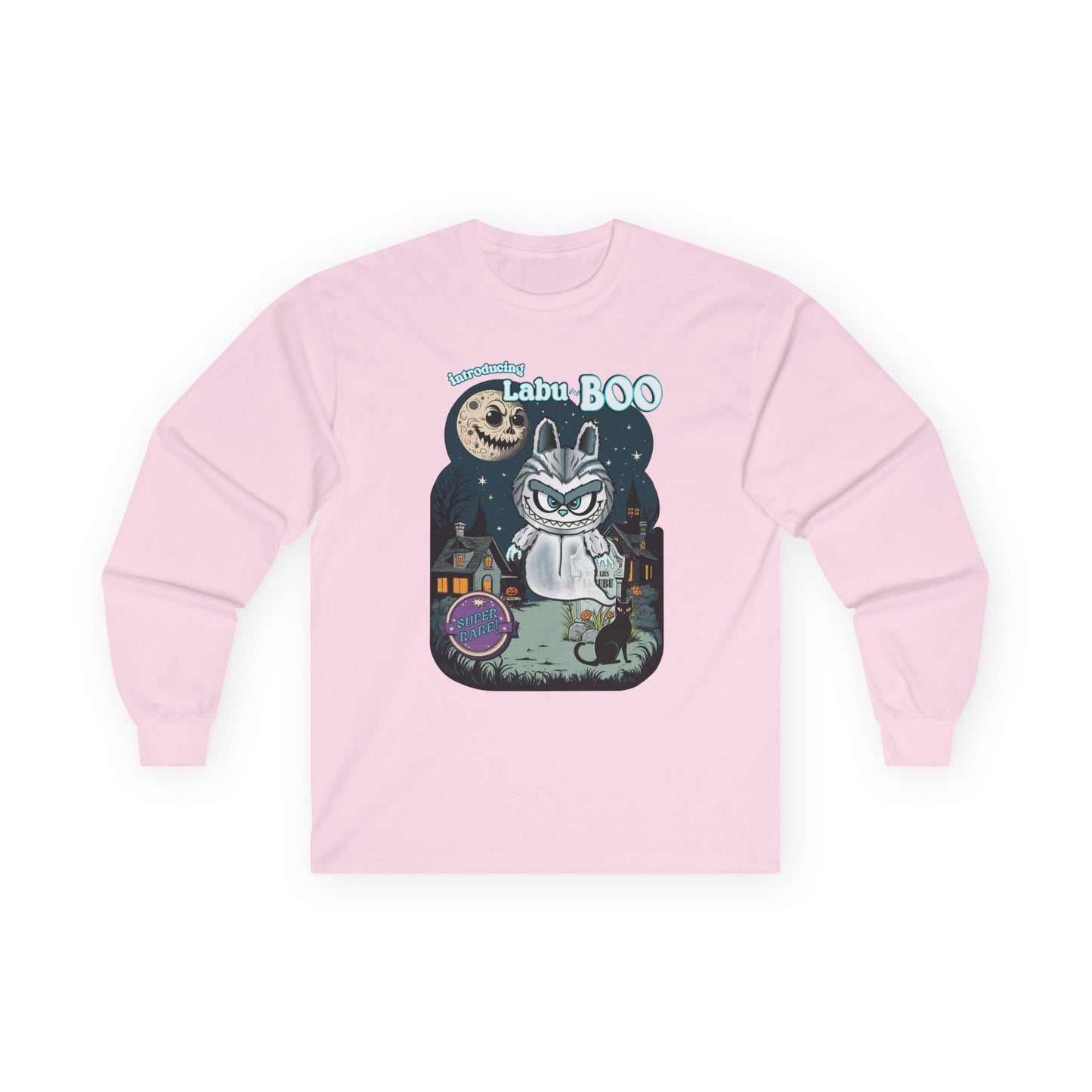 Labu Boo Unisex Tee, Halloween Cartoon Style Shirt, Spooky Labubu Artwork, Vintage Ghost Graphic Shirt, Unique Costume Tee, Quirky Long