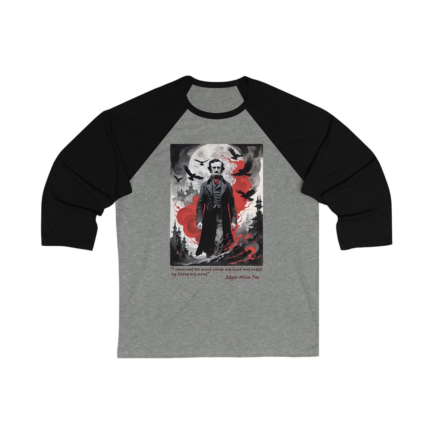 Edgar Allen Poe Unisex 3/4 Sleeve Baseball Tee for Serious Fans, Gothic Poe Jersey T-shirt, Macabre Tee, Poe Quote Shirt, Literary Fan Gift