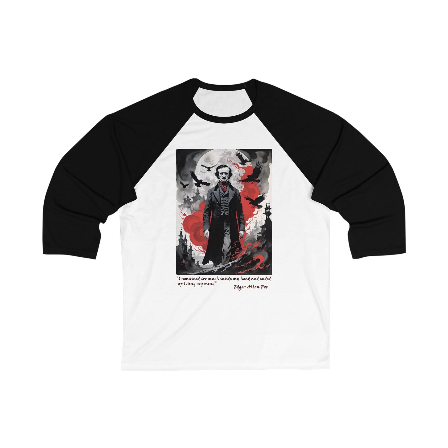 Edgar Allen Poe Unisex 3/4 Sleeve Baseball Tee for Serious Fans, Gothic Poe Jersey T-shirt, Macabre Tee, Poe Quote Shirt, Literary Fan Gift