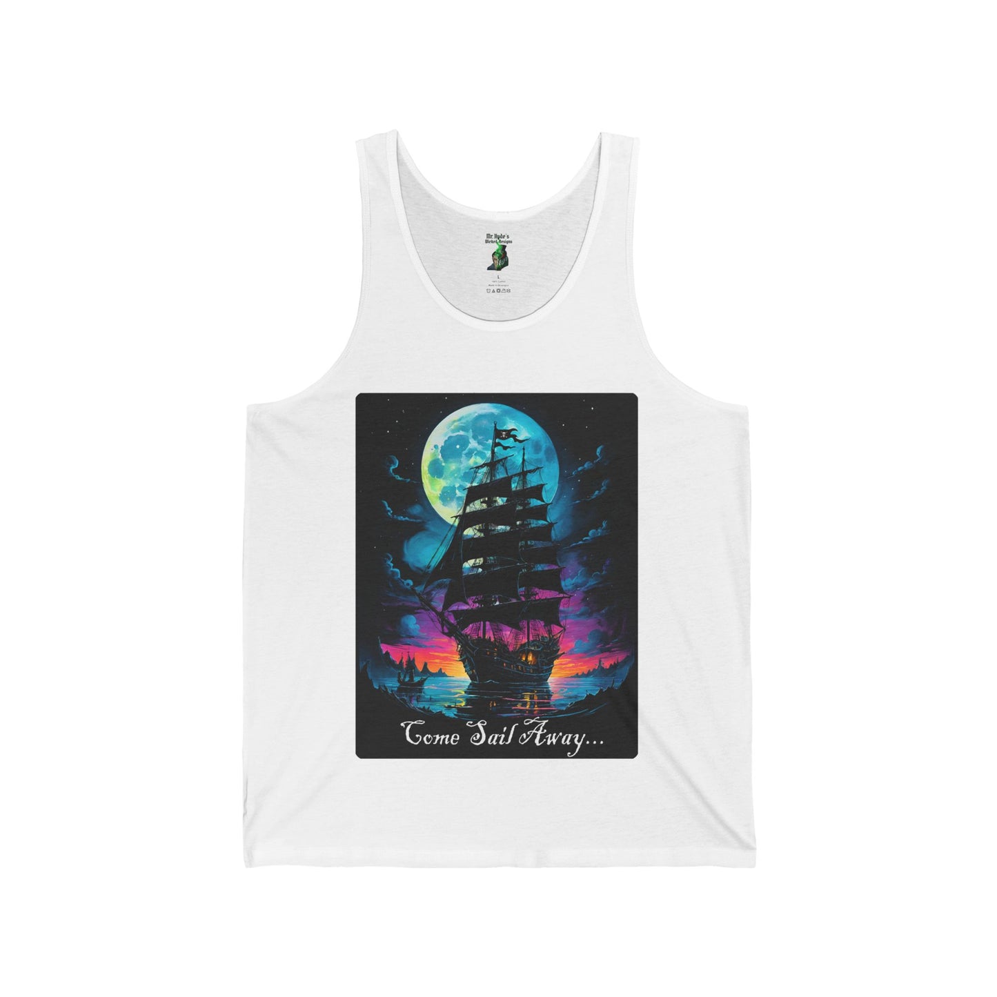 Pirate Ship Tank Top, Unisex Jersey, Nautical Enthusiasts Gift, Salt Life Tee, Pirate Lover Shirt, Sunset Moon Beachwear