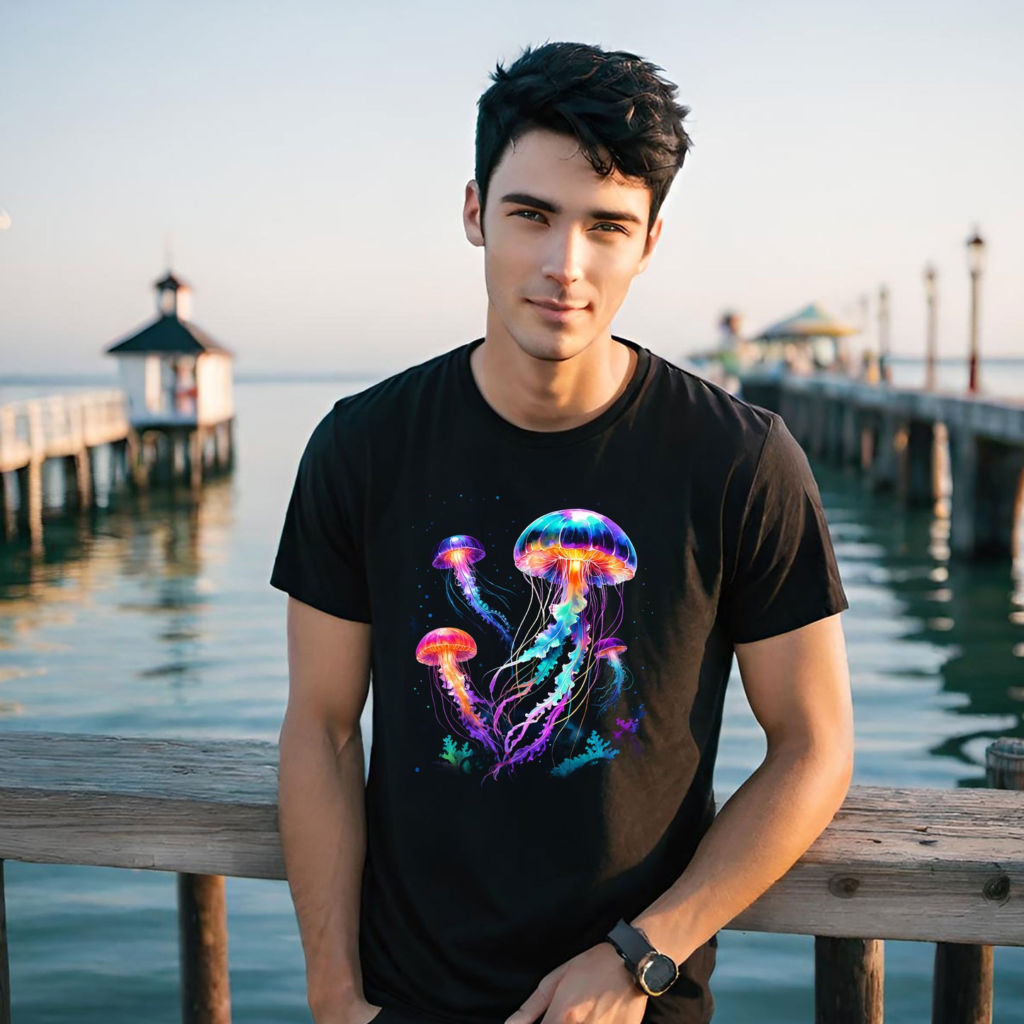Colorful Jellyfish Unisex Softstyle T-Shirt - Ocean Vibes Tee - Salt Life Shirt, Black Light Tee