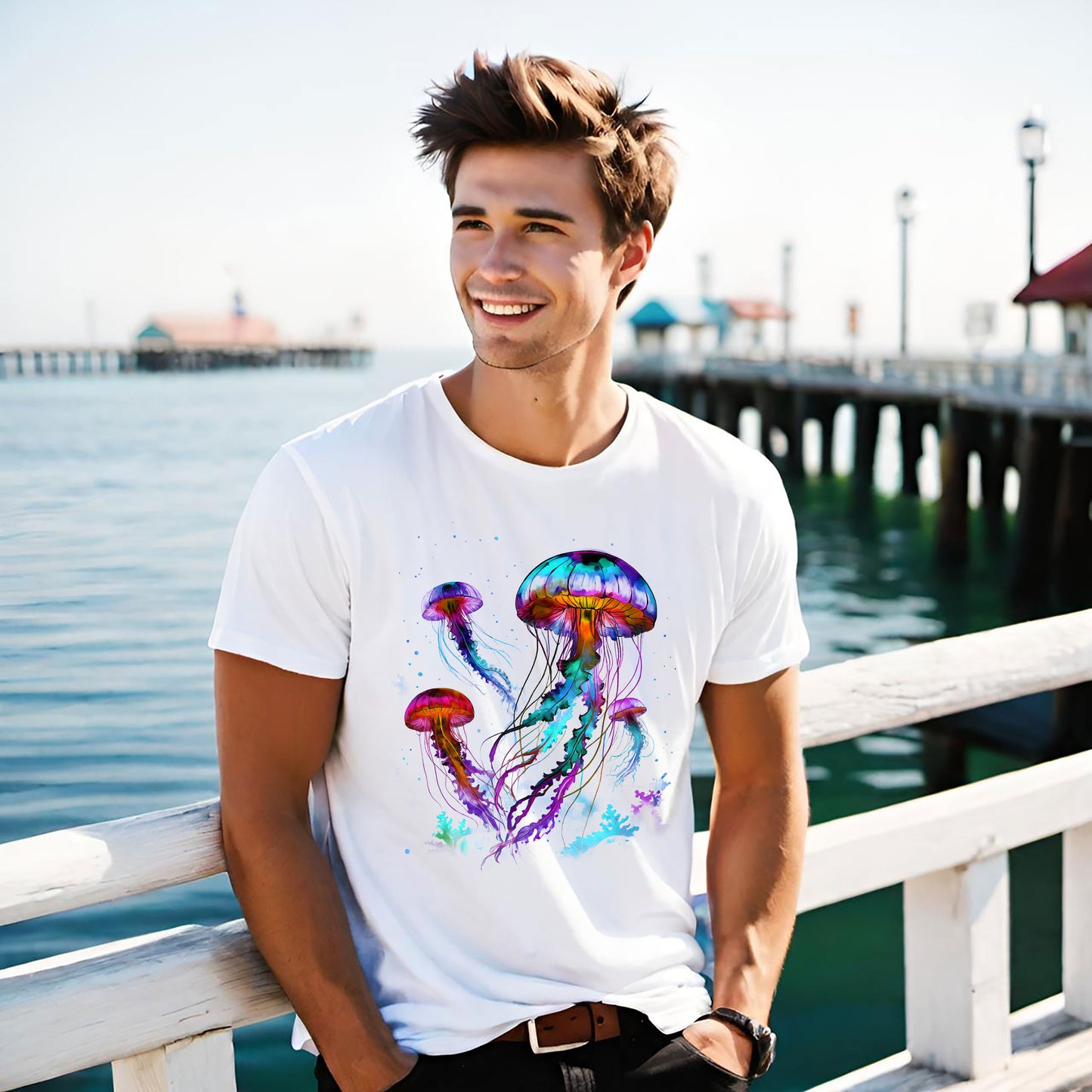 Colorful Jellyfish Unisex Softstyle T-Shirt - Ocean Vibes Tee - Salt Life Shirt, Black Light Tee