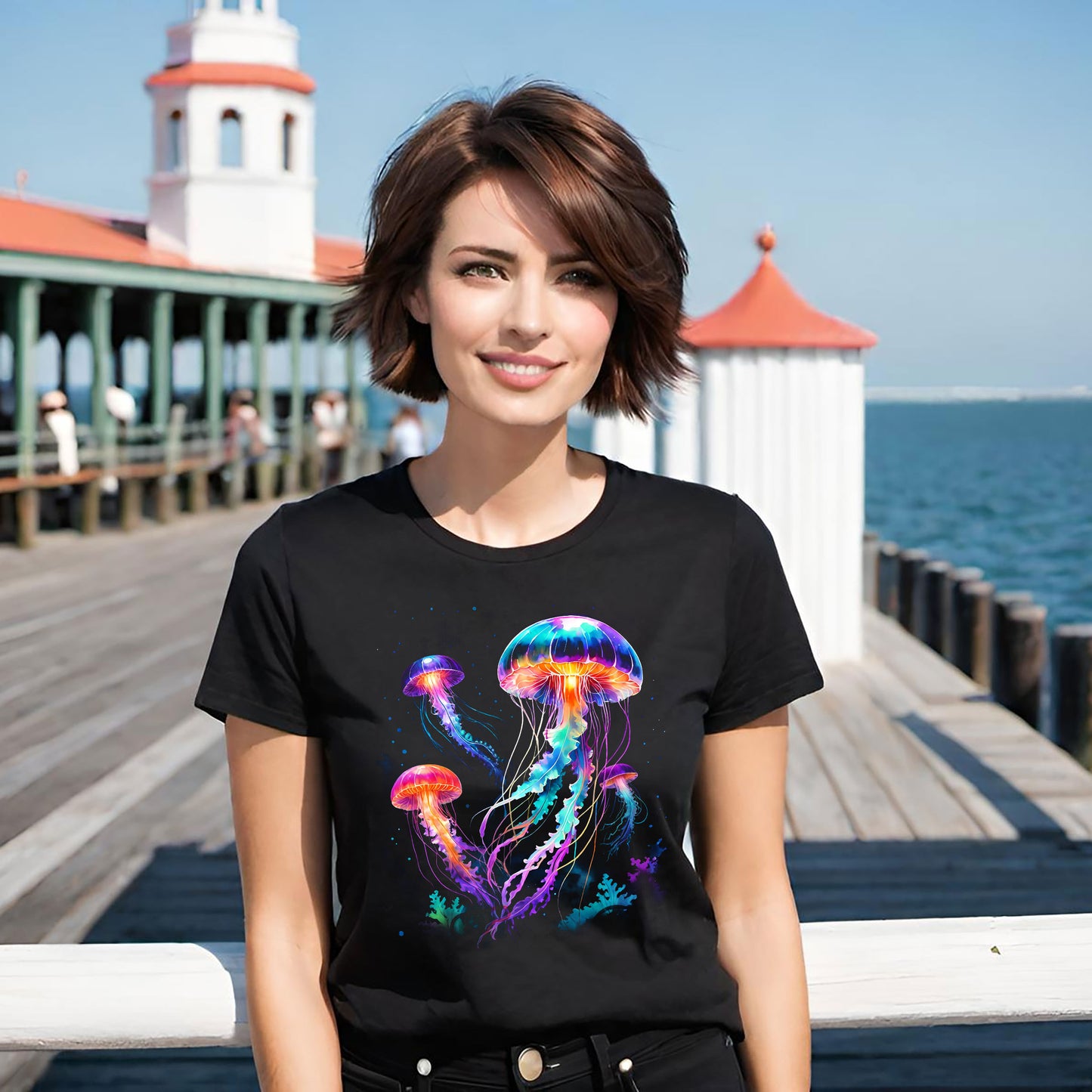 Colorful Jellyfish Unisex Softstyle T-Shirt - Ocean Vibes Tee - Salt Life Shirt, Black Light Tee