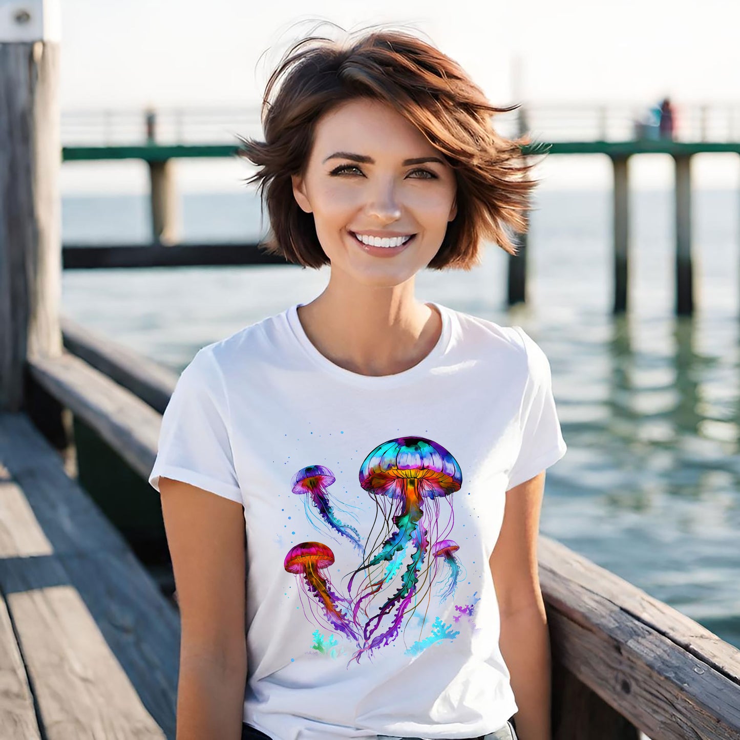 Colorful Jellyfish Unisex Softstyle T-Shirt - Ocean Vibes Tee - Salt Life Shirt, Black Light Tee