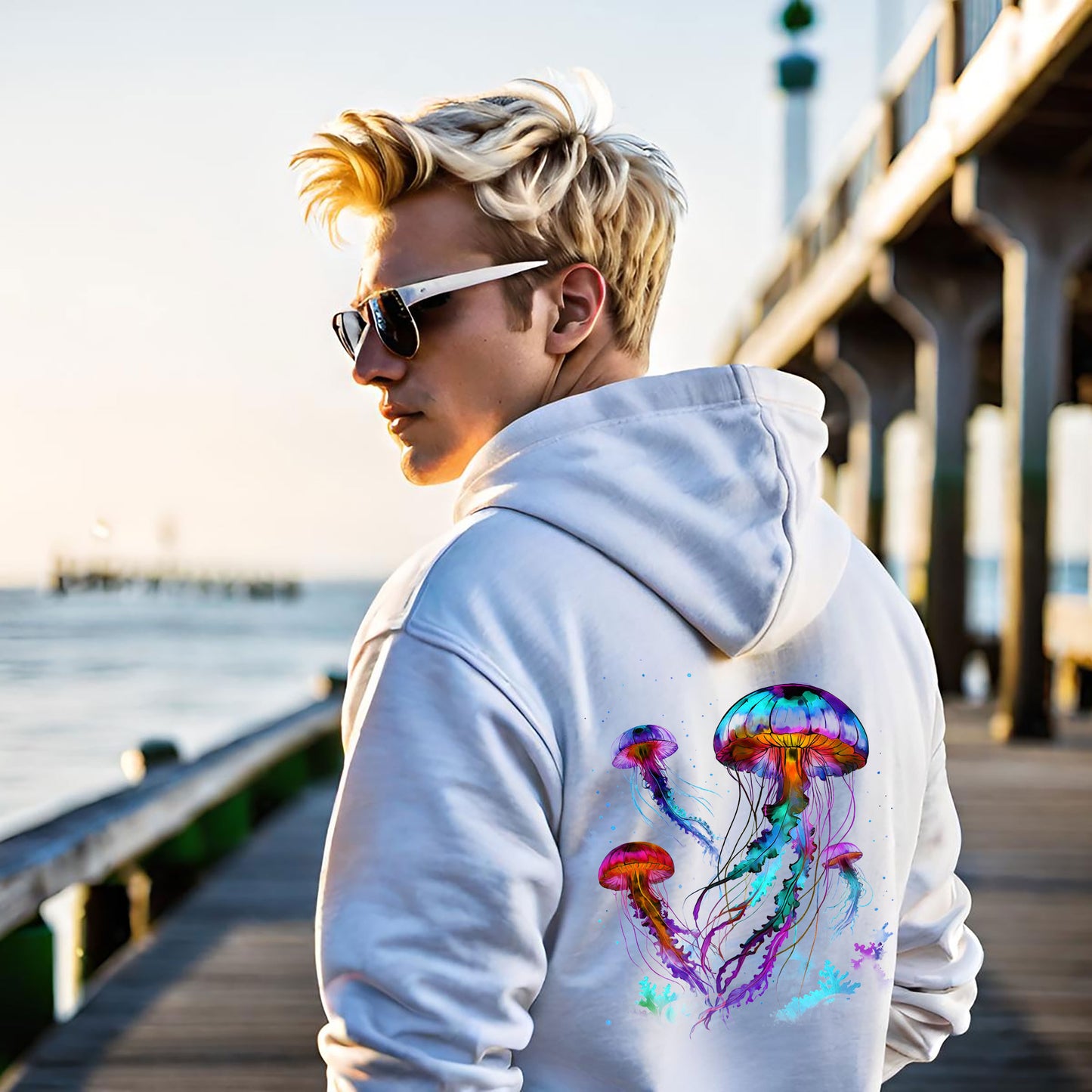 Cozy Jellyfish Graphic Hoodie -Colorful 2-sided Hooded Sweatshirt -Jelly Hoodie