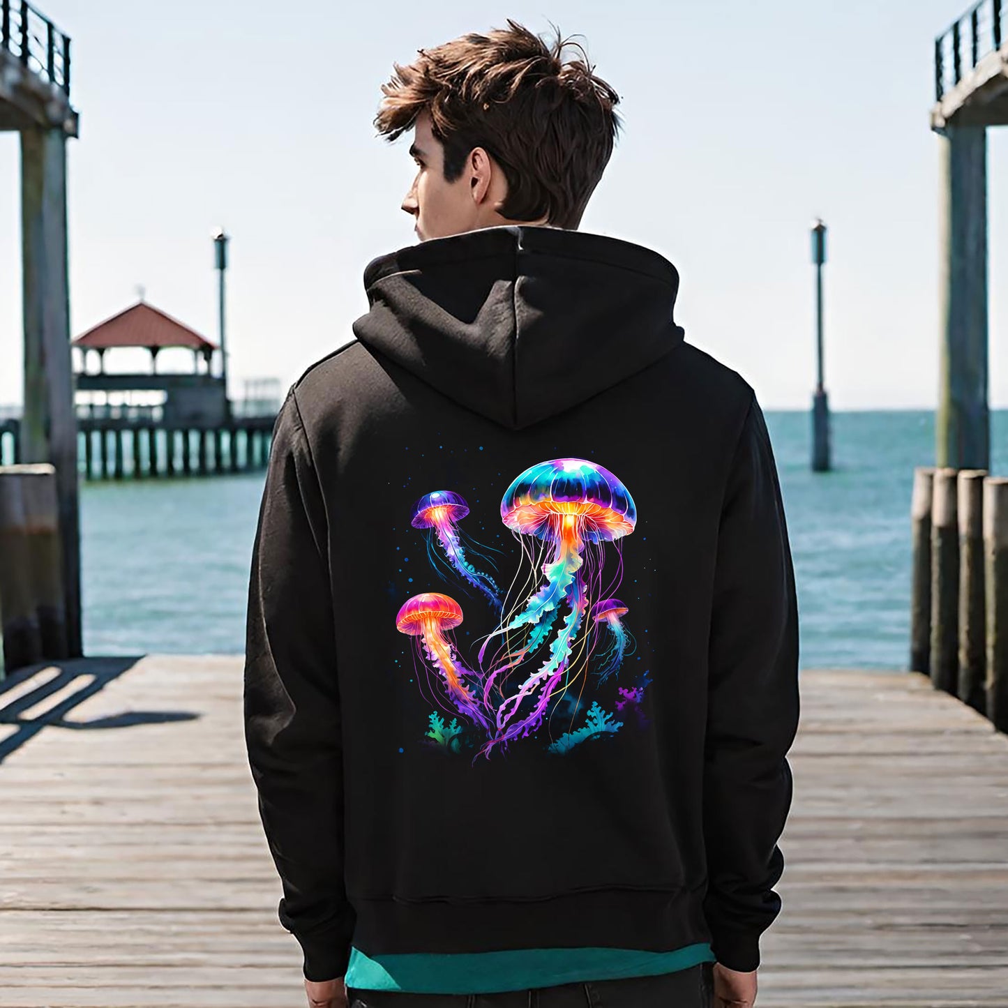 Cozy Jellyfish Graphic Hoodie -Colorful 2-sided Hooded Sweatshirt -Jelly Hoodie