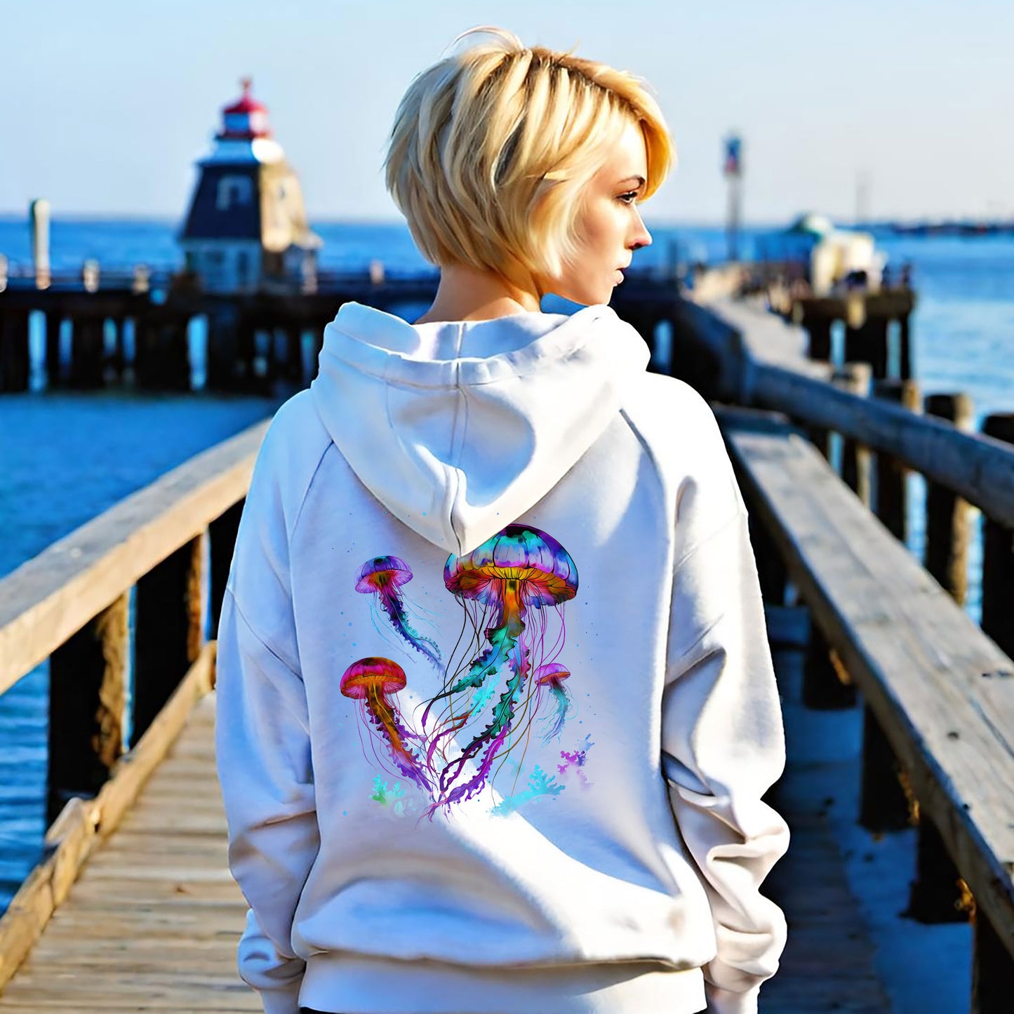Cozy Jellyfish Graphic Hoodie -Colorful 2-sided Hooded Sweatshirt -Jelly Hoodie
