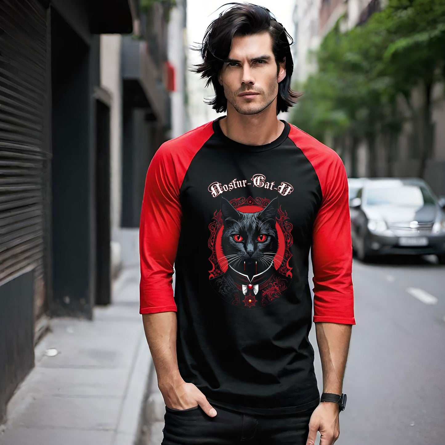 Nosfur-Cat-U, Gothic Cat Vampire Tee, Vintage Cat Lover Shirt, Unisex 3/4 Sleeve Tee, Ideal for Pet Lovers, Halloween Tee, Cat Mom Gift