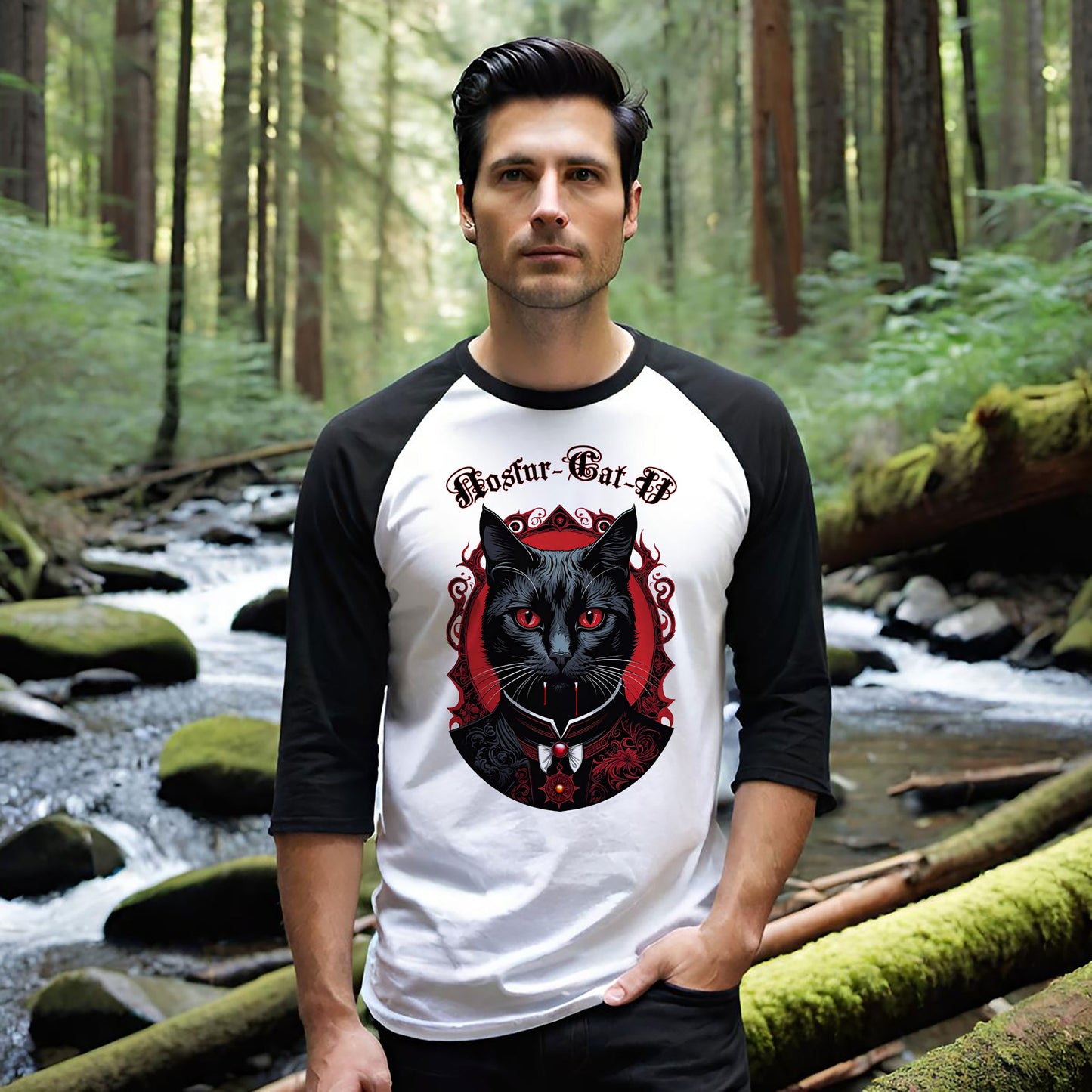 Nosfur-Cat-U, Gothic Cat Vampire Tee, Vintage Cat Lover Shirt, Unisex 3/4 Sleeve Tee, Ideal for Pet Lovers, Halloween Tee, Cat Mom Gift