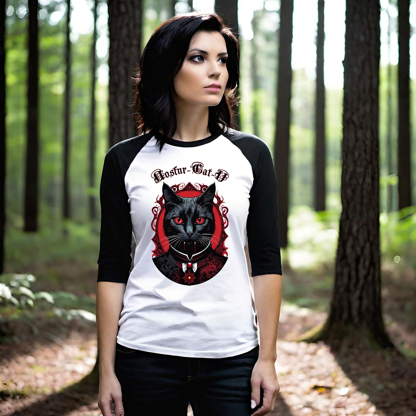 Nosfur-Cat-U, Gothic Cat Vampire Tee, Vintage Cat Lover Shirt, Unisex 3/4 Sleeve Tee, Ideal for Pet Lovers, Halloween Tee, Cat Mom Gift