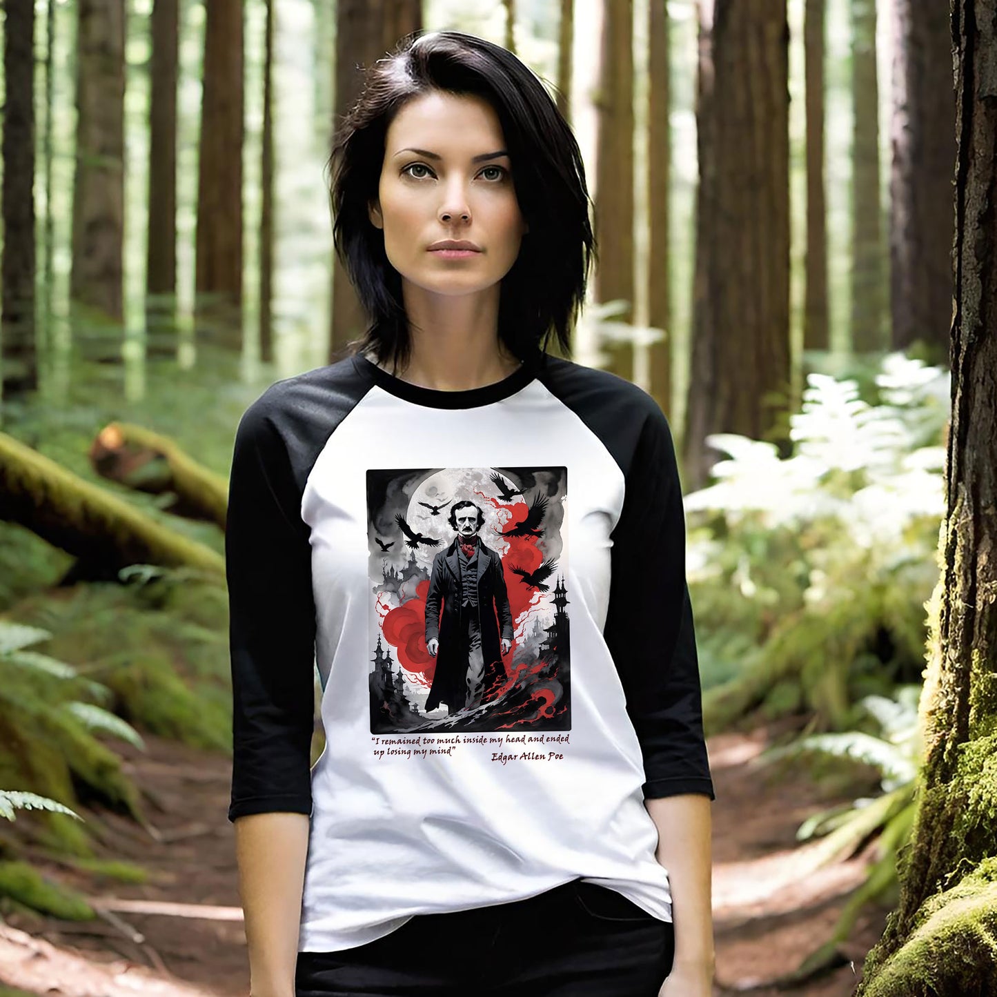 Edgar Allen Poe Unisex 3/4 Sleeve Baseball Tee for Serious Fans, Gothic Poe Jersey T-shirt, Macabre Tee, Poe Quote Shirt, Literary Fan Gift