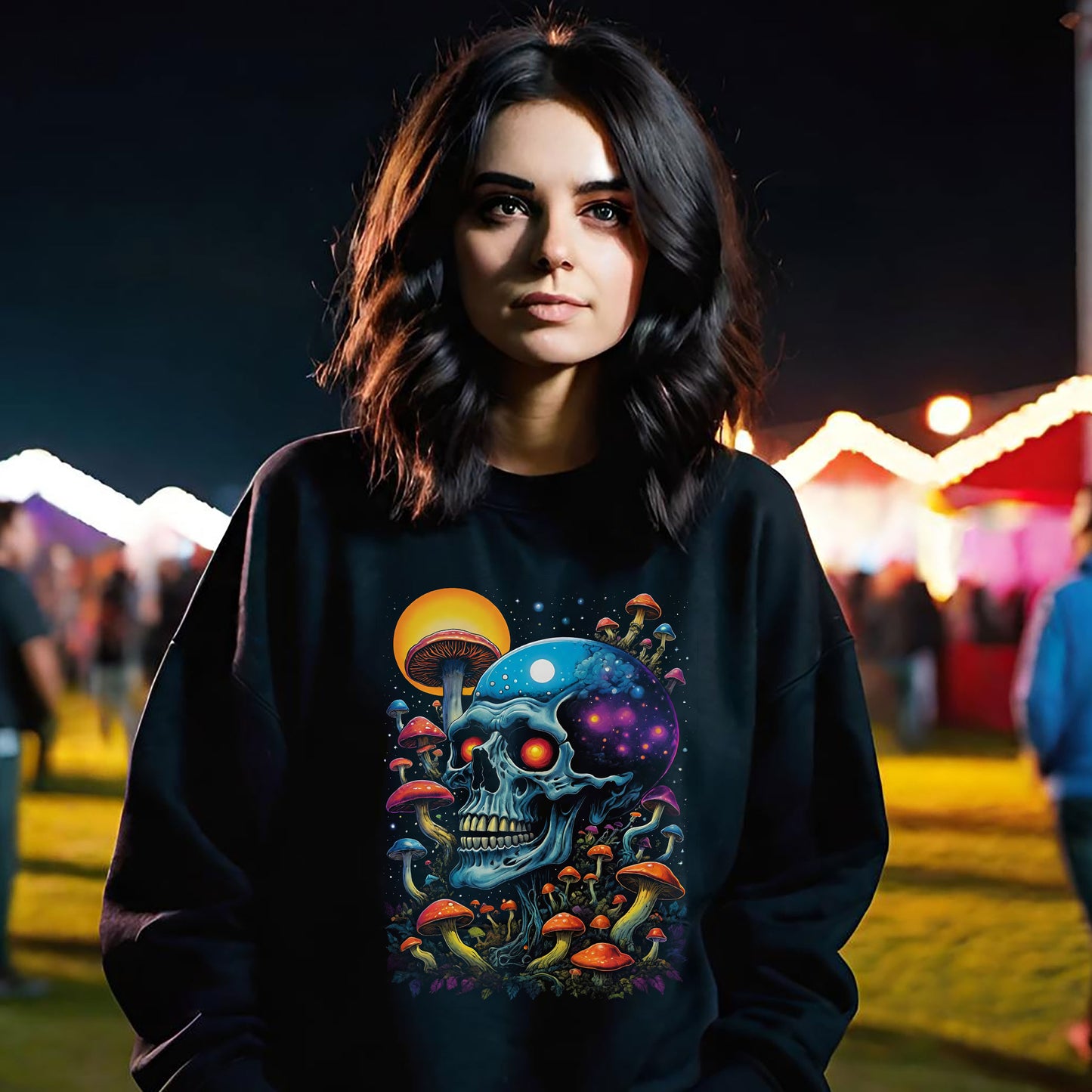 Cosmic Skull Sweatshirt, Unisex Crewneck for Astrology Lovers, Surreal Art Gift, Grunge Aesthetic, Festival Wear, Mushroom Vibes