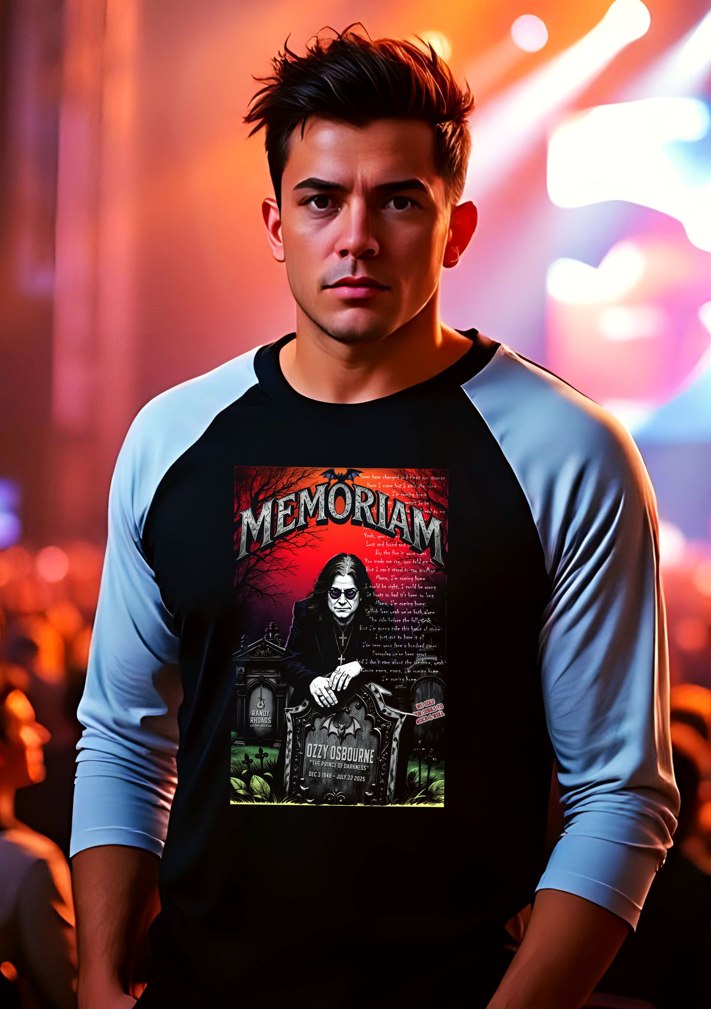 Ozzy Osbourne Memoriam Raglan Shirt, Prince of Darkness 3/4 Sleeve Tee, Rock and Roll Concert Apparel, Unisex Music Festival Jersey, Casual