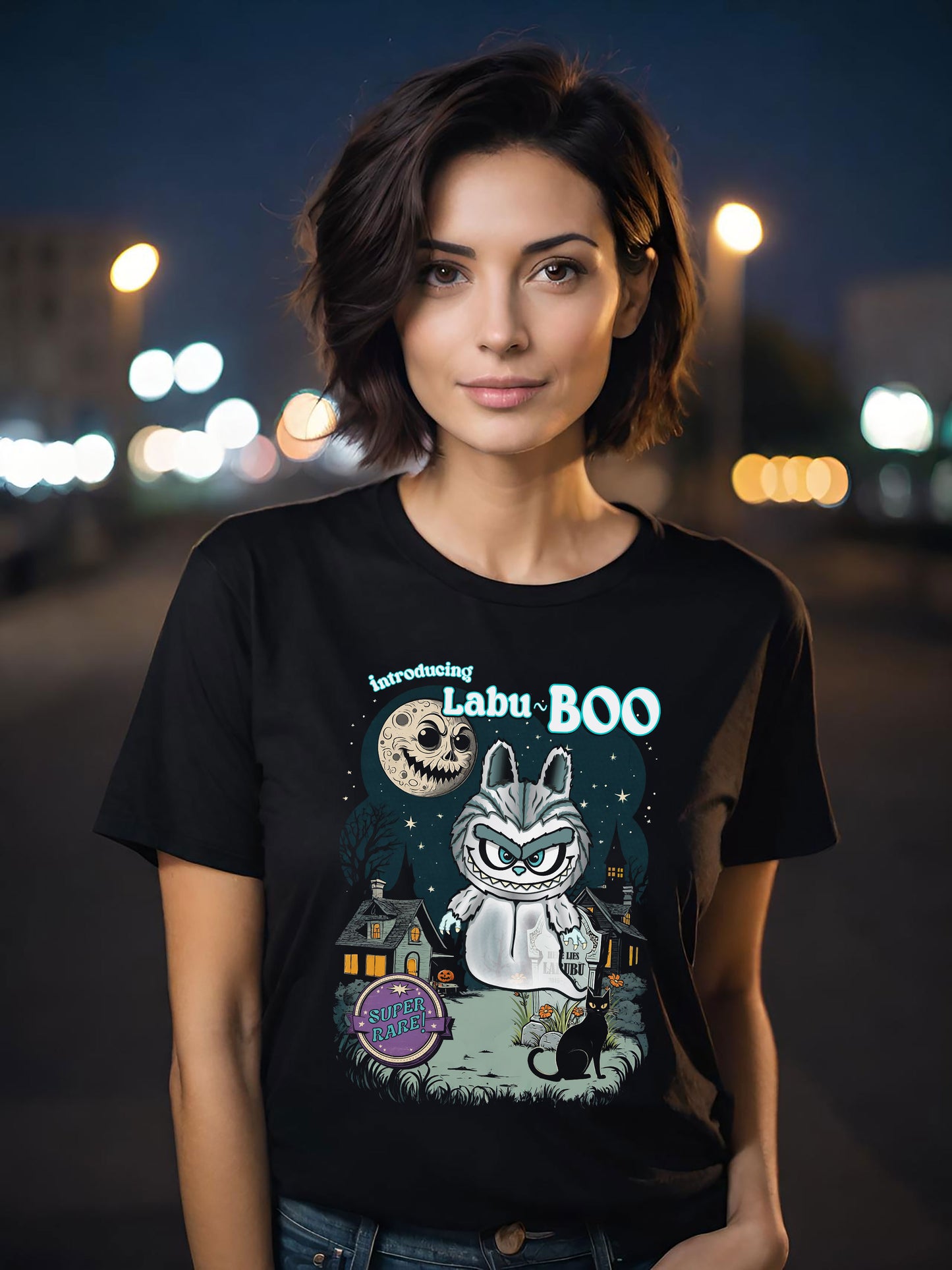 Labu Boo Unisex Tee, Ghostly Charm Tshirt, Vintage Cartoon Style Shirt, Parody Labubu Top, Halloween Costume