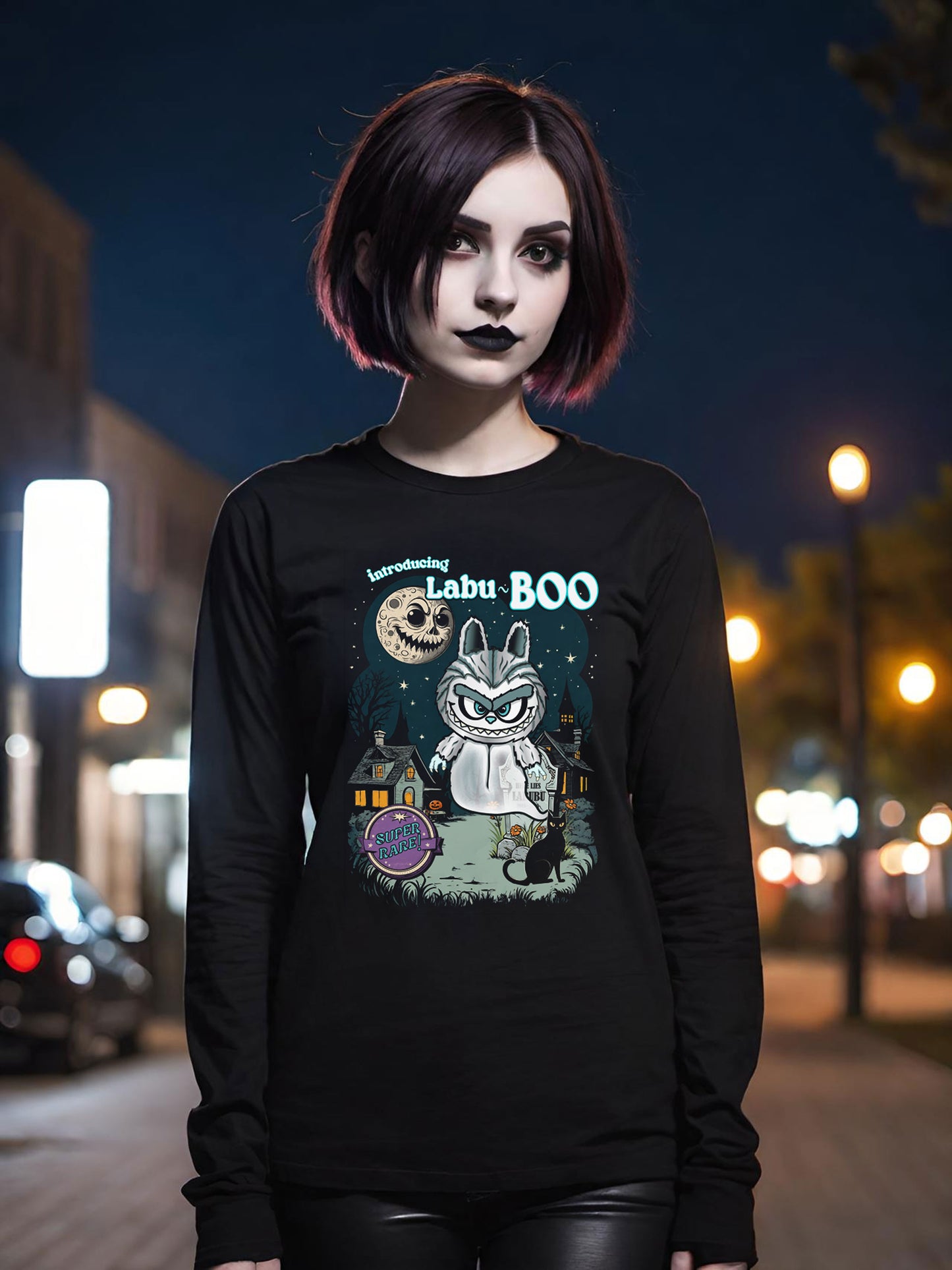 Labu Boo Unisex Tee, Halloween Cartoon Style Shirt, Spooky Labubu Artwork, Vintage Ghost Graphic Shirt, Unique Costume Tee, Quirky Long