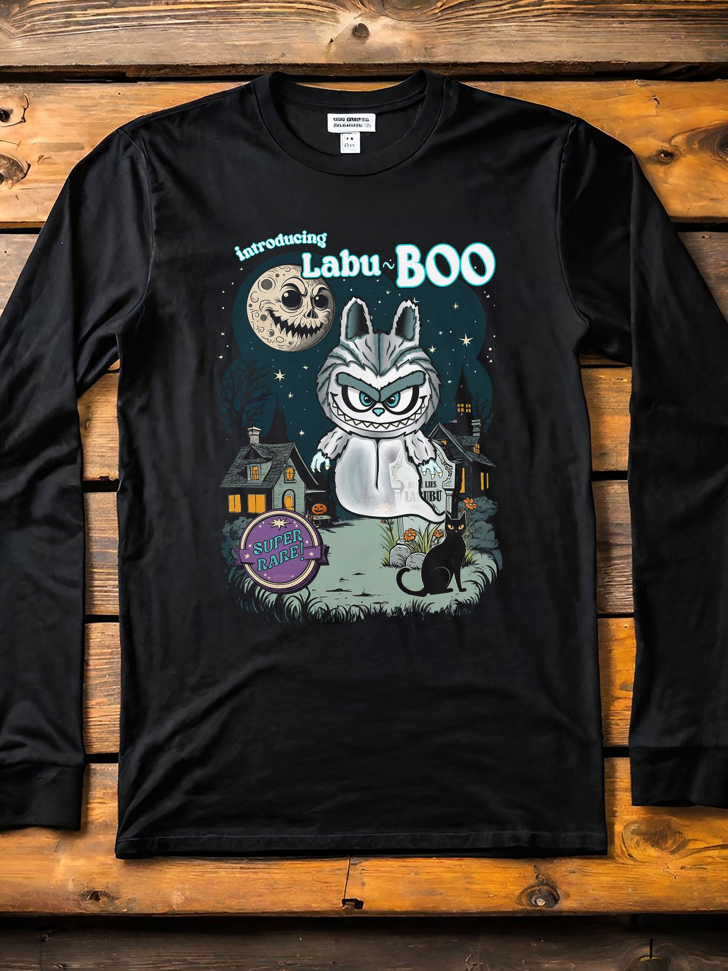 Labu Boo Unisex Tee, Halloween Cartoon Style Shirt, Spooky Labubu Artwork, Vintage Ghost Graphic Shirt, Unique Costume Tee, Quirky Long