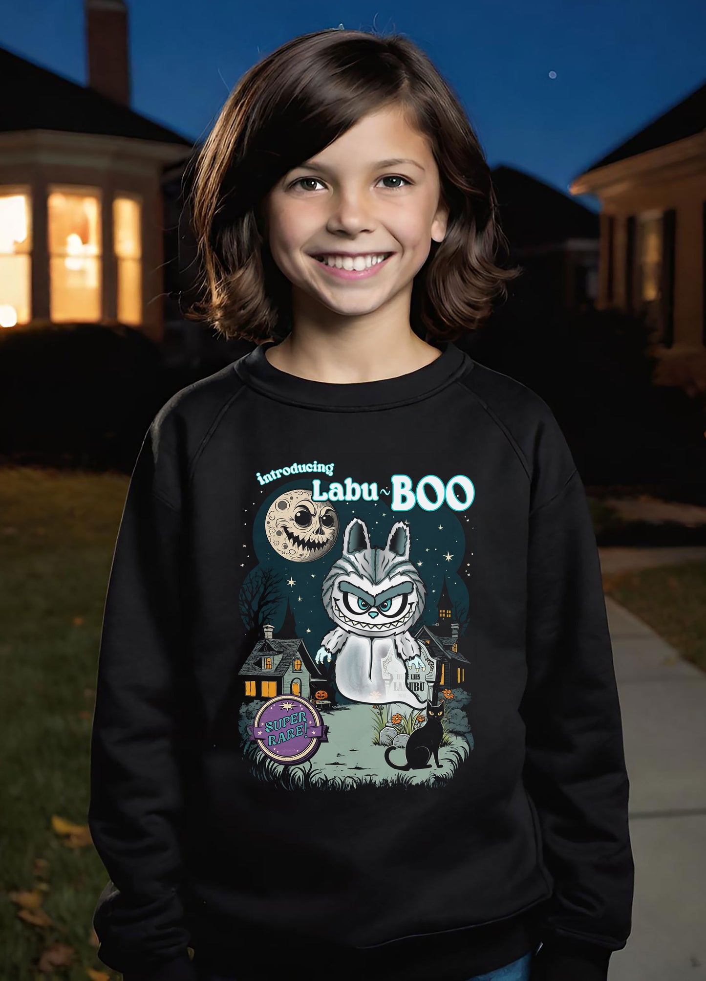 Youth Crewneck Sweatshirt, Labu Boo Kids Ghostly Halloween Vintage Cartoon Sweatshirt, Spooky and Charming Shirt, Halloween Artwork, Unique