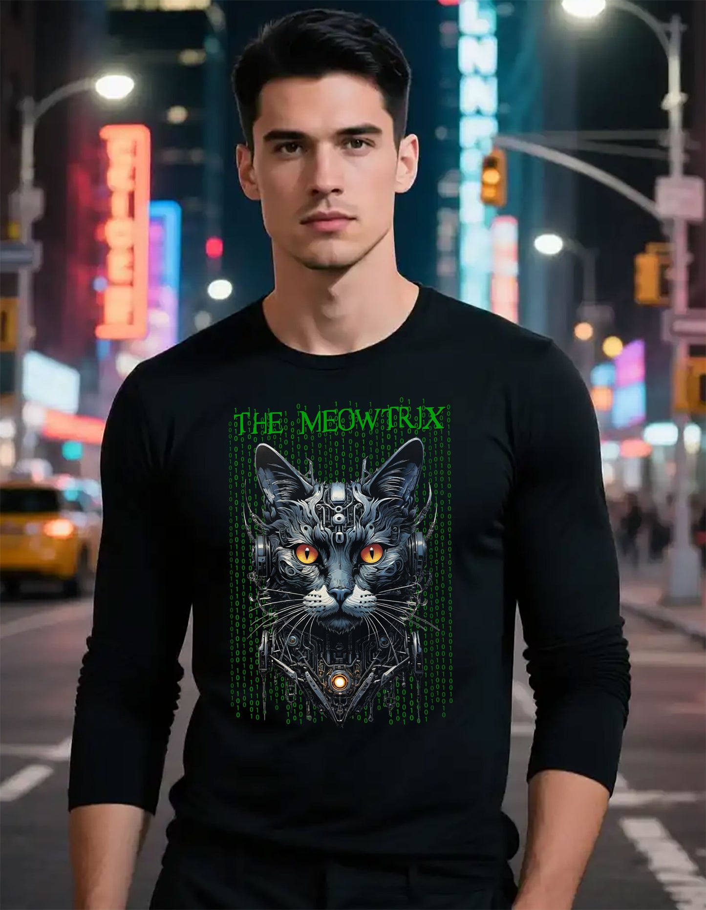 Matrix Cat Parody Tee, Funny Meowtrix Movie T-Shirt for Cat Lovers, Unisex Cotton Long Sleeve Shirt, Humorous Gift for Matrix Fans, Casual