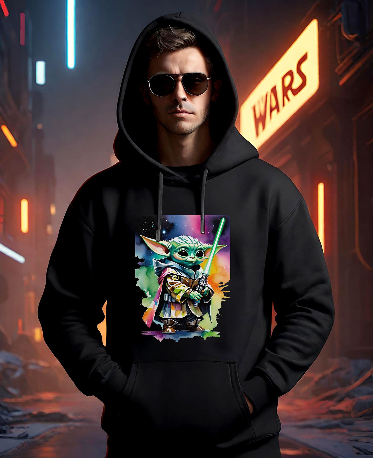 Grogu Watercolor Lightsaber Hoodie — Cute Baby Yoda Star Wars Sweatshirt