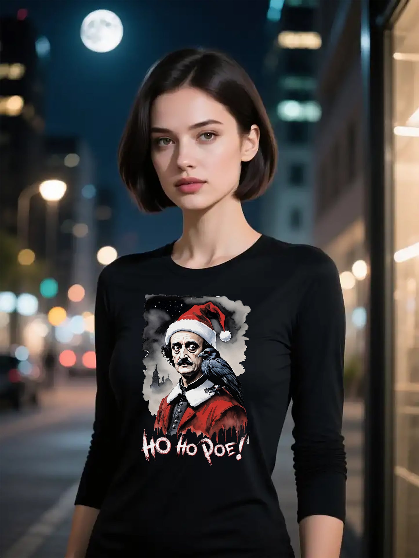 Edgar Allen Poe Santa Long Sleeve Tee | "Ho Ho Poe!" Christmas T-shirt | Literary Graphic Shirt