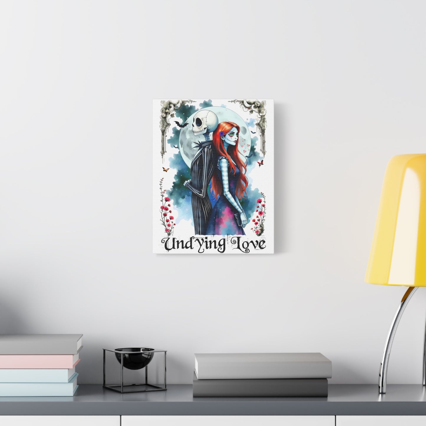 Jack and Sally Undying Love Canvas Painting, Jack and Sally Halloween Gothic Wal Art, Matte Canvas, Stretched, Christmas Fan Art