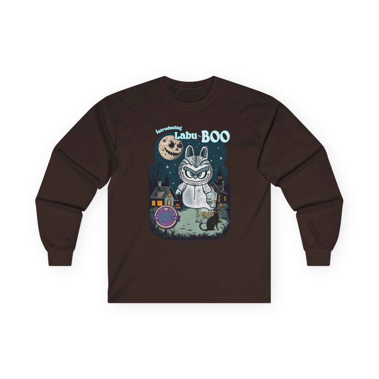 Labu Boo Unisex Tee, Halloween Cartoon Style Shirt, Spooky Labubu Artwork, Vintage Ghost Graphic Shirt, Unique Costume Tee, Quirky Long