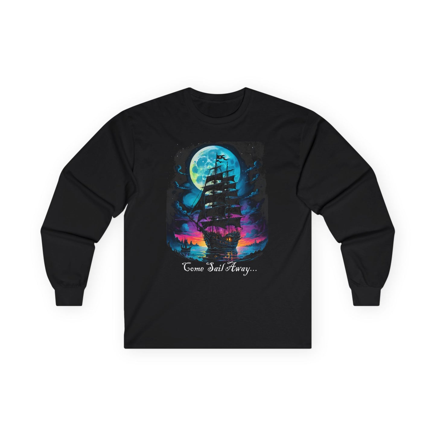 Pirate Ship Long Sleeve Tee, Nautical Unisex Shirt for Pirate Lovers, Salt Life Gift, Vibrant Sunset Moon Tee, Haunting Pirate Life Tee