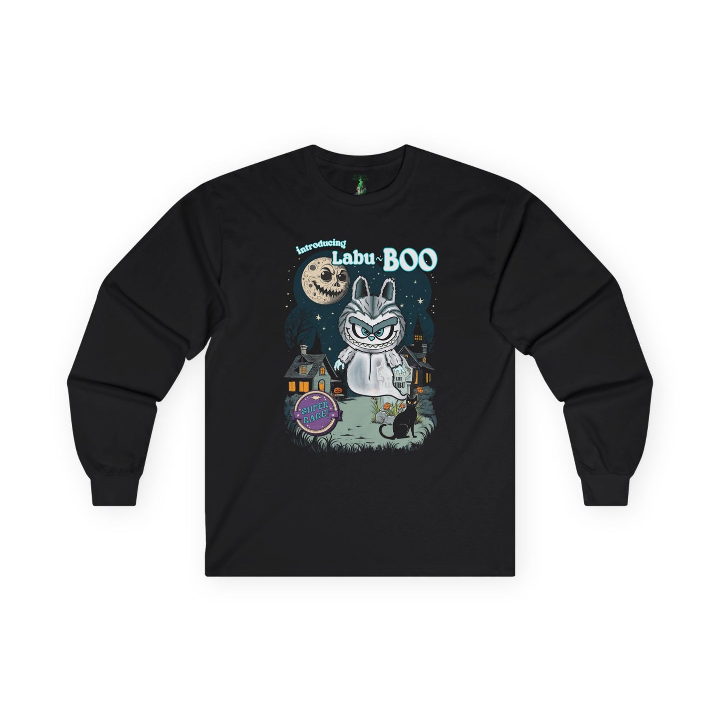 Labu Boo Unisex Tee, Halloween Cartoon Style Shirt, Spooky Labubu Artwork, Vintage Ghost Graphic Shirt, Unique Costume Tee, Quirky Long
