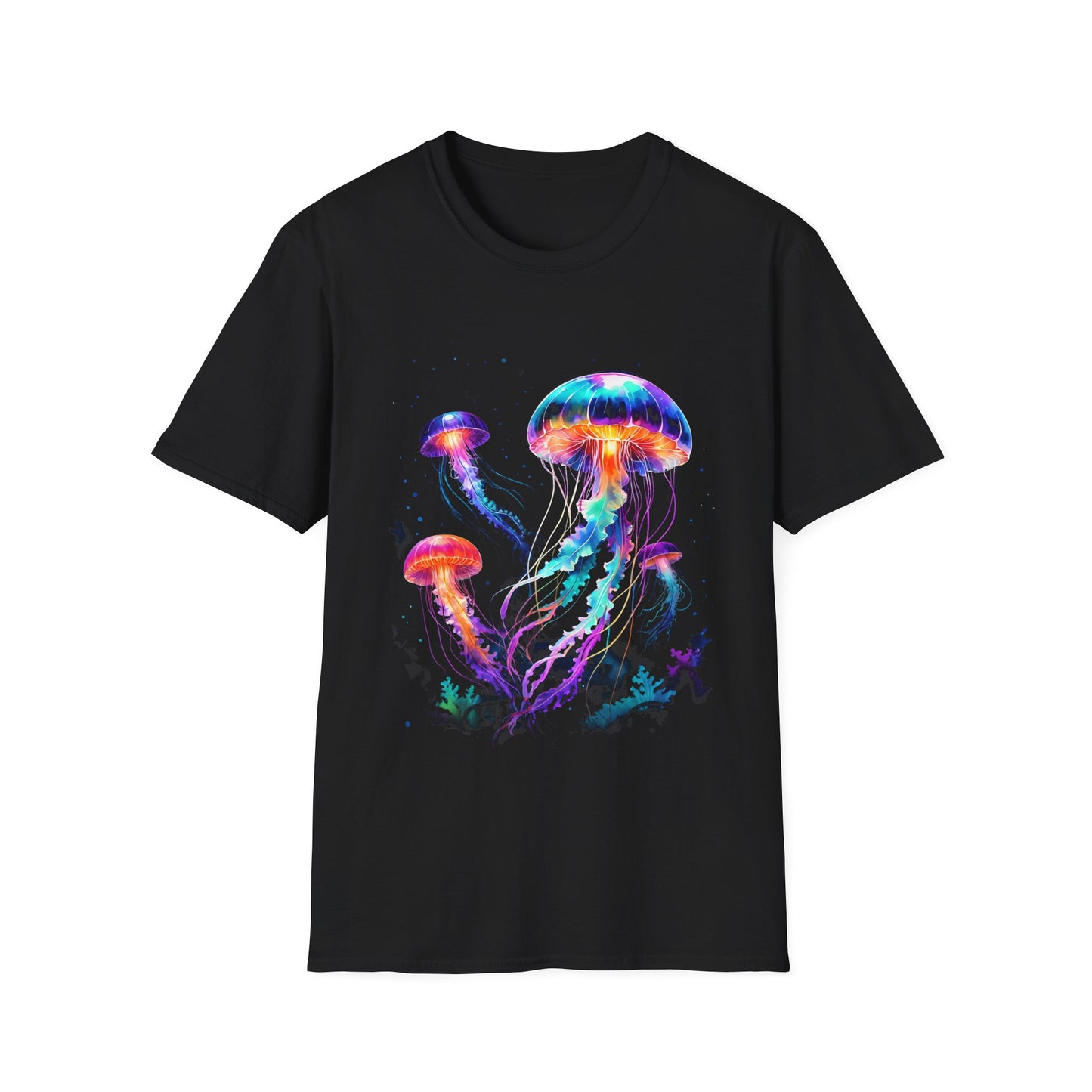 Colorful Jellyfish Unisex Softstyle T-Shirt - Ocean Vibes Tee - Salt Life Shirt, Black Light Tee