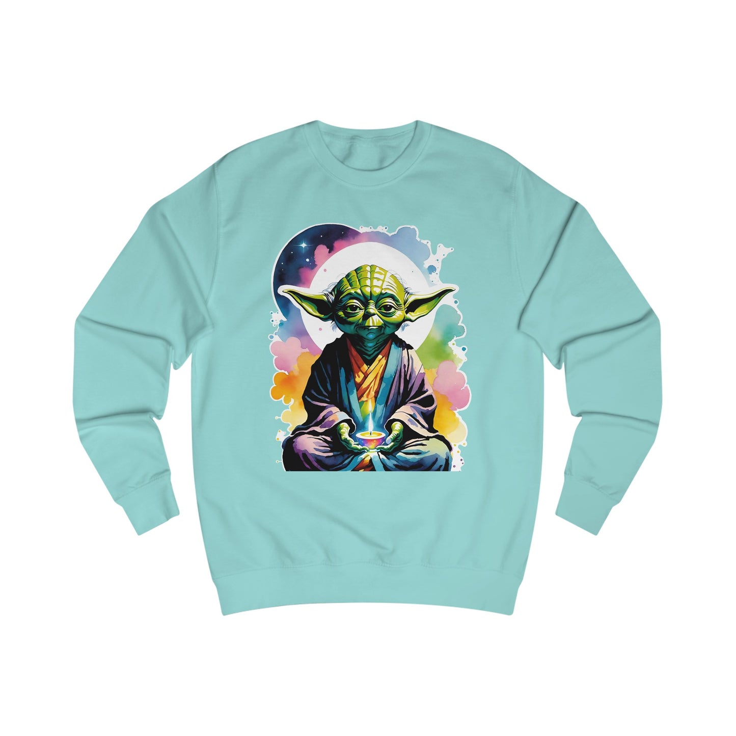 This groovy Yoda sweatshirt with a watercolor design. Featuring Yoda arguably the most famous Jedi Master in the Star Wars franchise doing Yoga. This colorful Star Wars inspired turquoise sweatshirt is a must have for any true Star Wars fans.