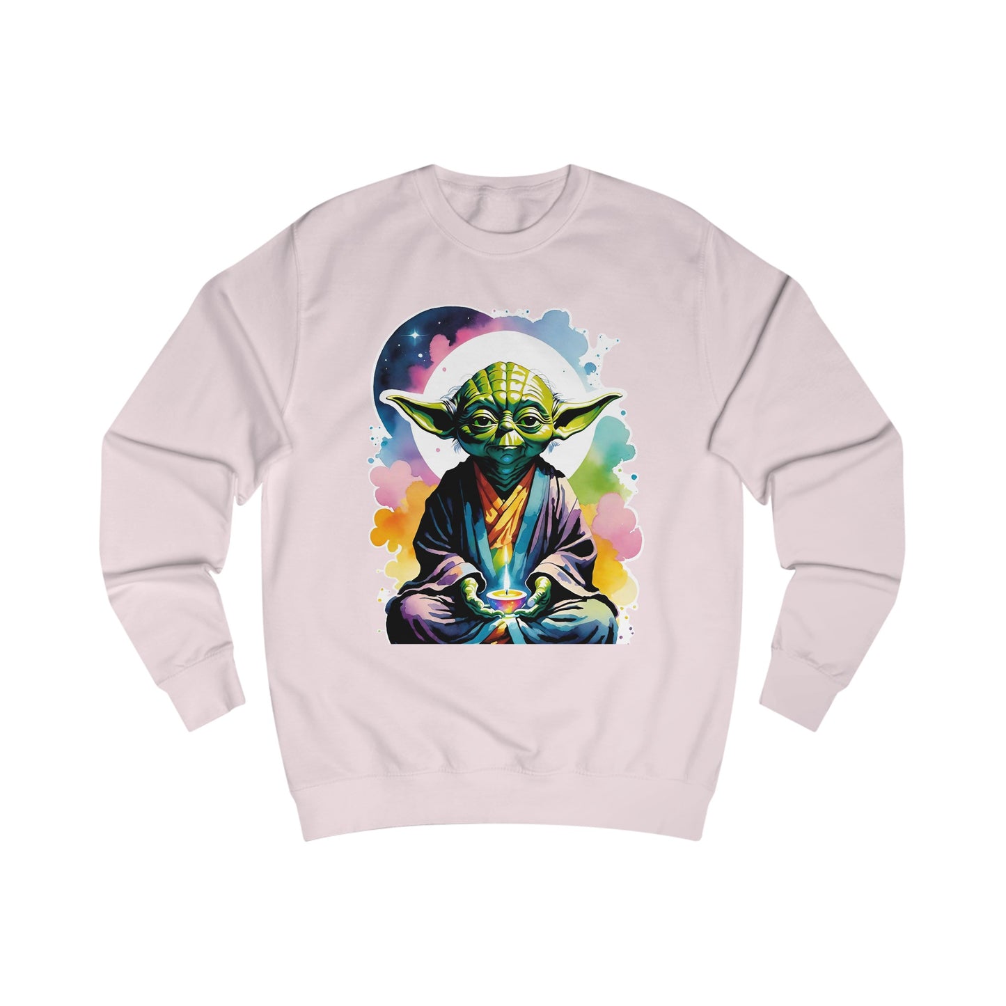 This groovy Yoda sweatshirt with a watercolor design. Featuring Yoda arguably the most famous Jedi Master in the Star Wars franchise doing Yoga. This colorful Star Wars inspired light pink sweatshirt is a must have for any true Star Wars fans.