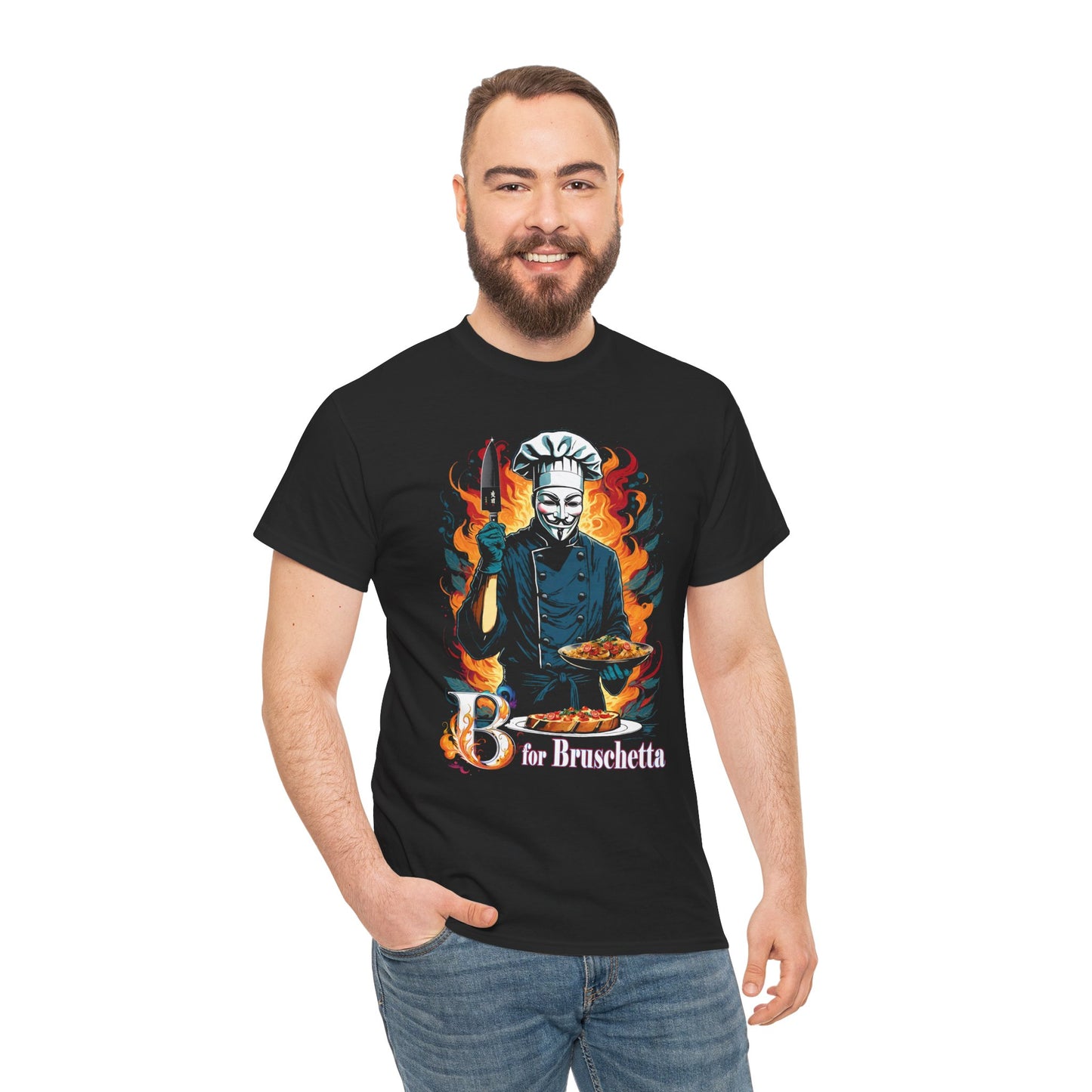 V For Vendetta Parody Foodie Tee, B For Bruschetta Funny Movie Shirt, Funny Cooking Tee, Hugo Weaving, Allen Moore, Unisex Cotton T-shirt