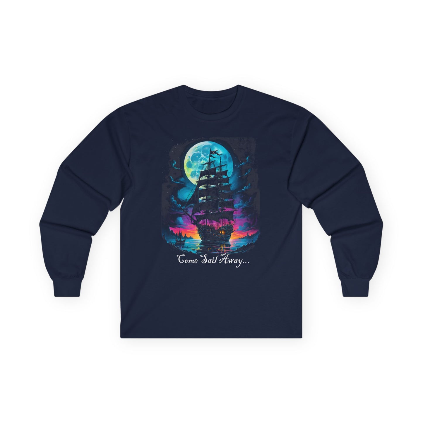 Pirate Ship Long Sleeve Tee, Nautical Unisex Shirt for Pirate Lovers, Salt Life Gift, Vibrant Sunset Moon Tee, Haunting Pirate Life Tee