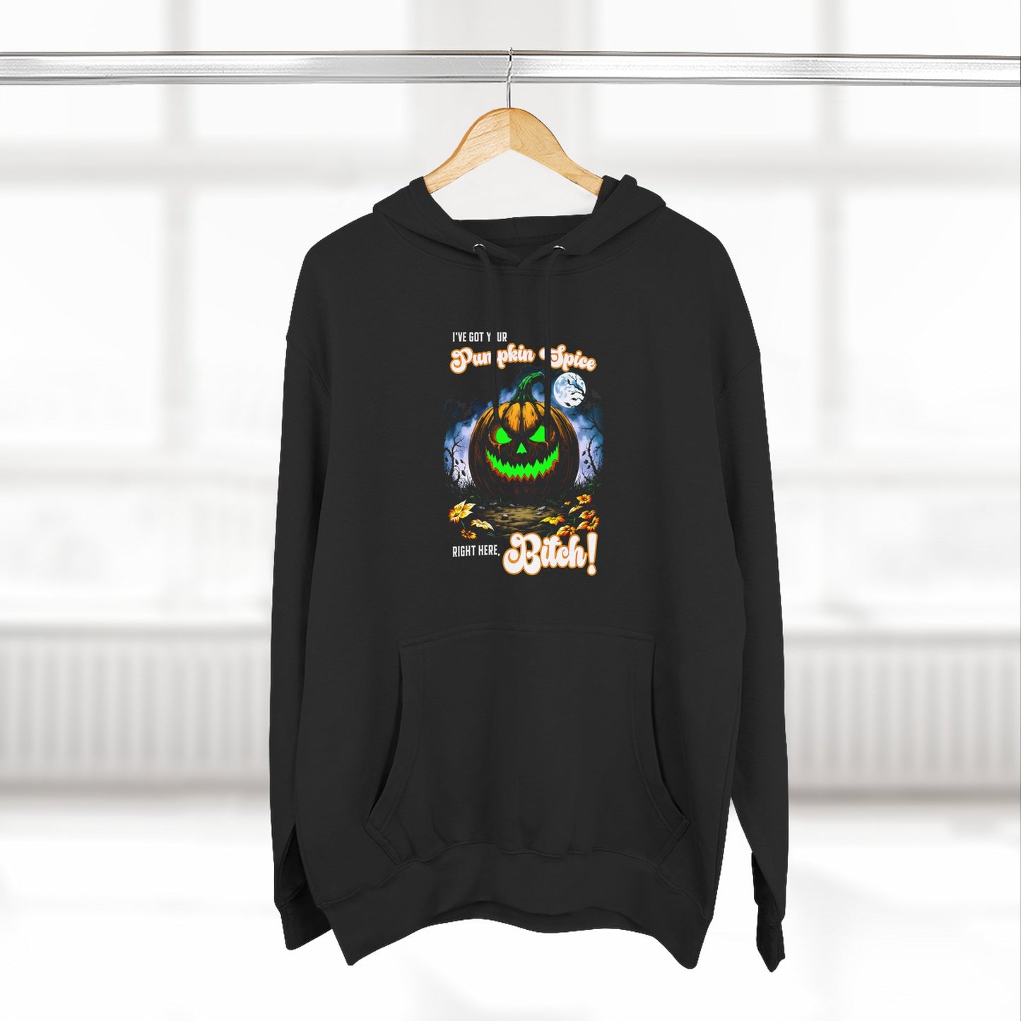 Halloween Three-Panel Fleece Hoodie, Spooky Jack-O'-Lantern & Pumpkin Spice, Festive Fall Apparel, Funny Unisex Sweatshirt, Cozy Seasonal