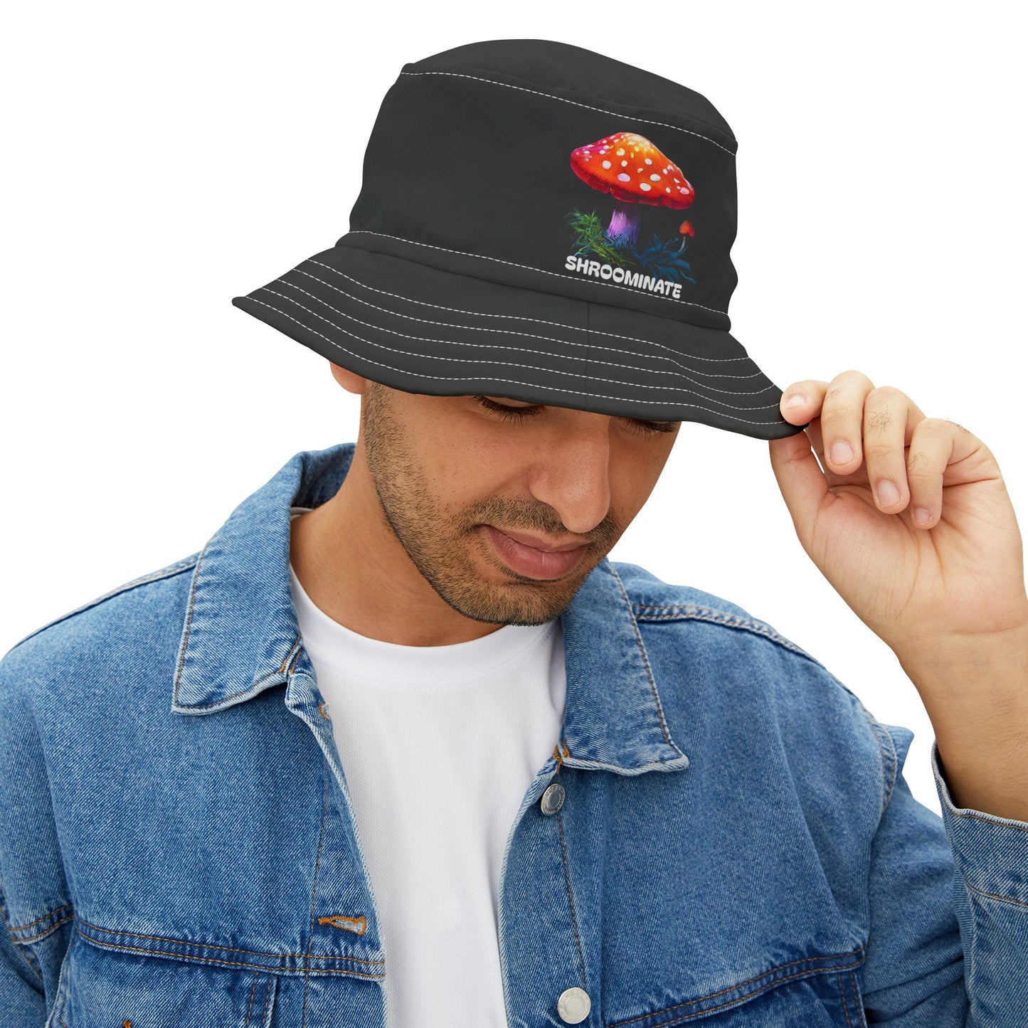Bucket Hat with Magic Mushroom Design, SHROOMINATE Hippie Festival Cap, Trippy Psychedelic Headwear, Groovy Thinking Cap, Existence Mystery