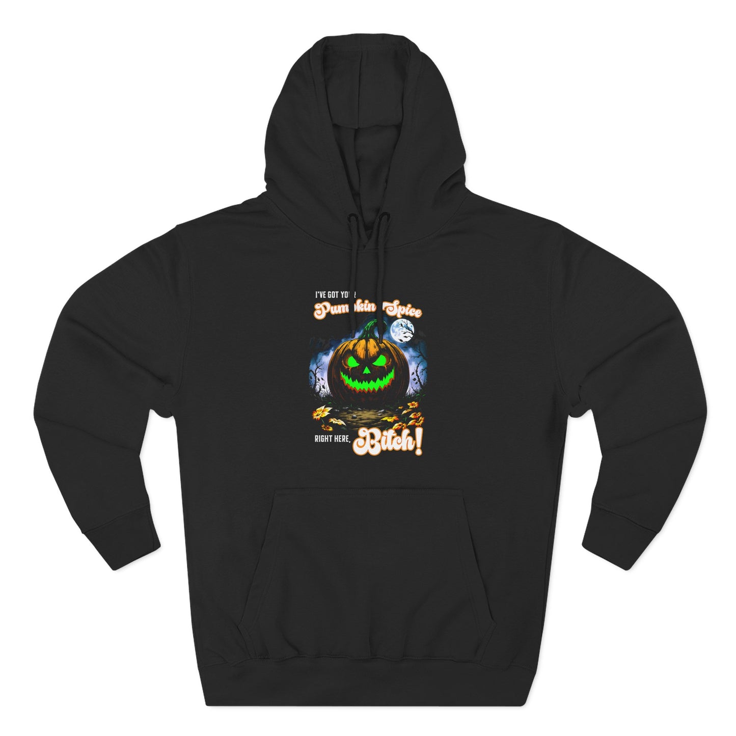 Halloween Three-Panel Fleece Hoodie, Spooky Jack-O'-Lantern & Pumpkin Spice, Festive Fall Apparel, Funny Unisex Sweatshirt, Cozy Seasonal