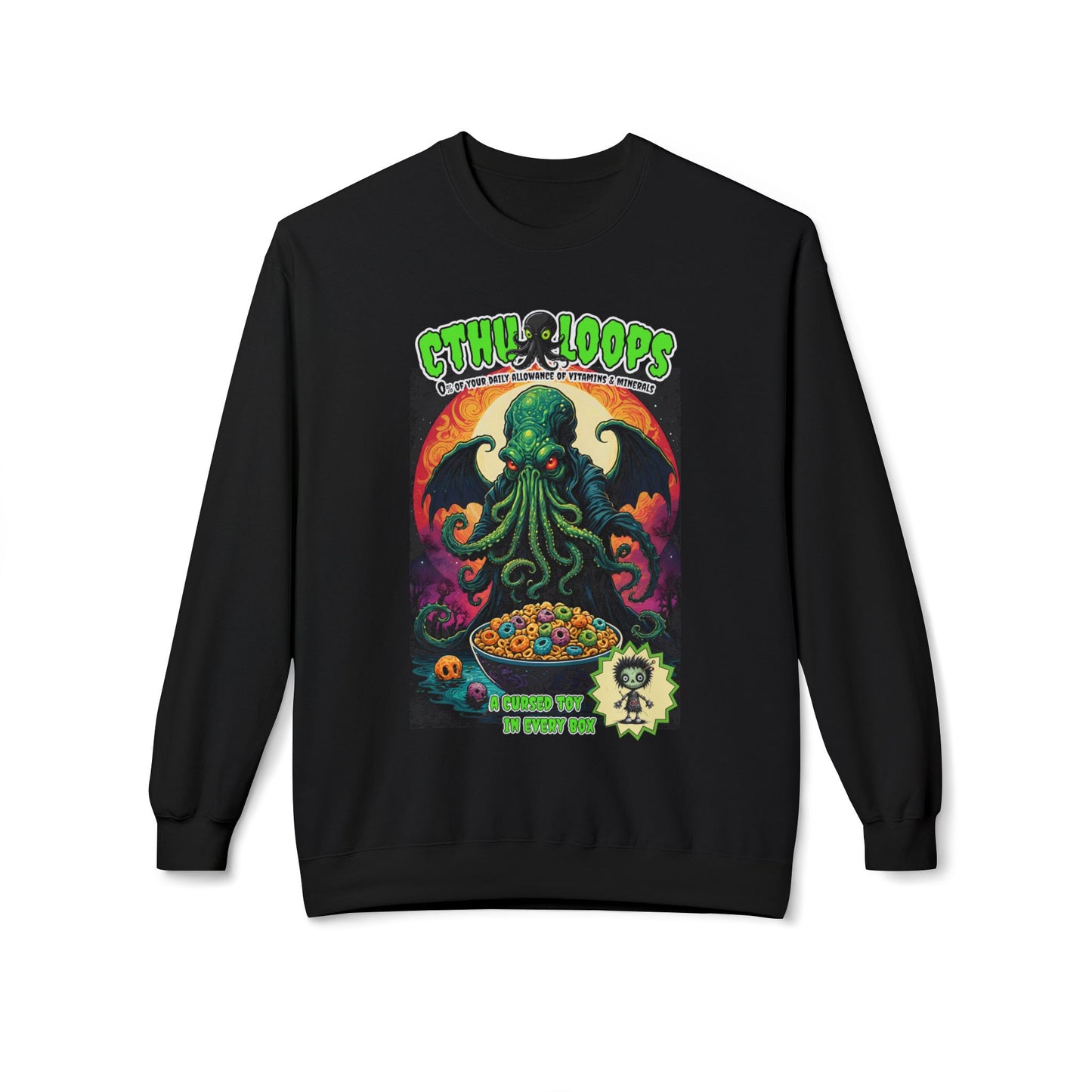 Cthu-Loops Parody Sweatshirt, Halloween, Cthulhu Fan Gift, Elder God Shirt, Lovecraftian Apparel, Black Green Unisex Jumper, Cereal Killer
