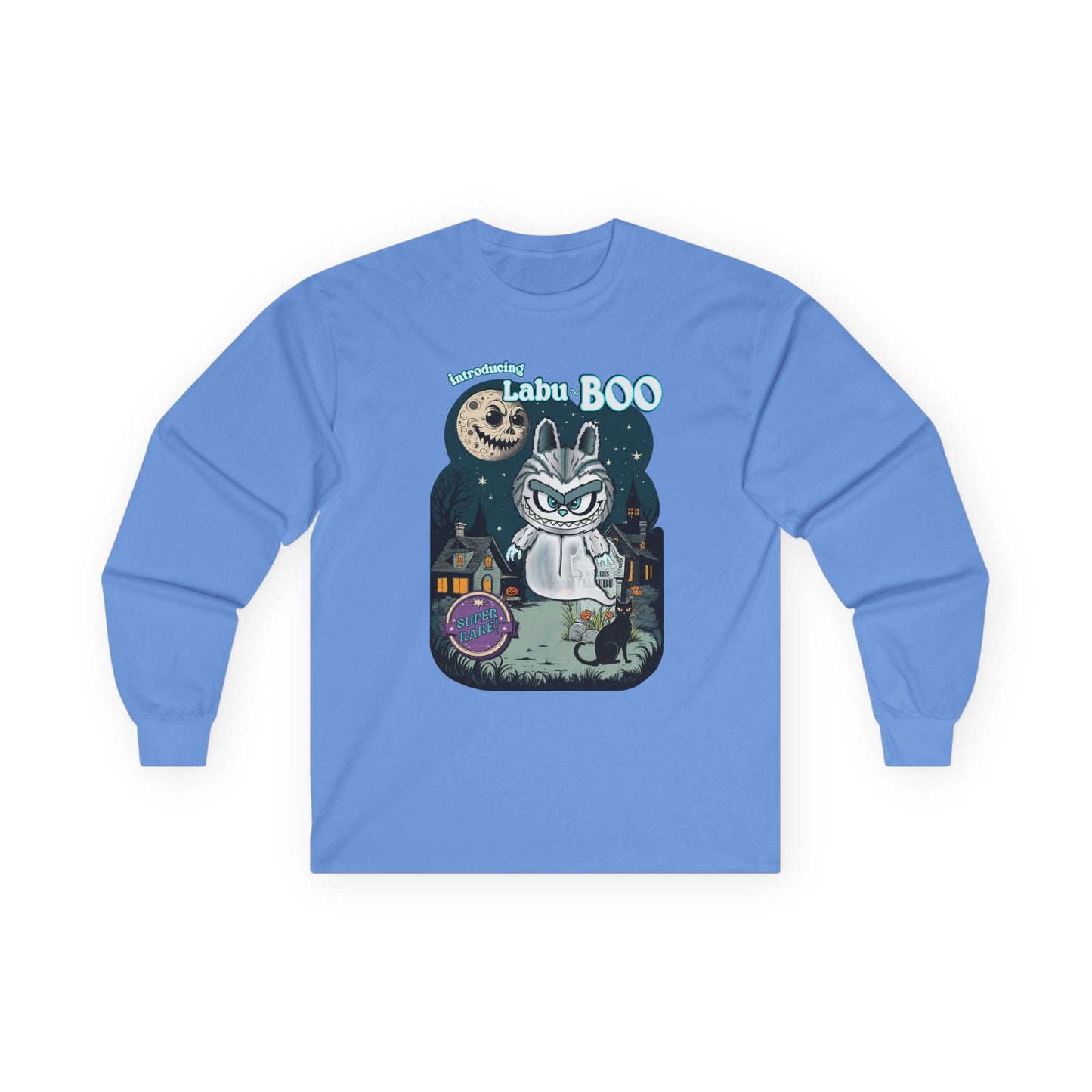Labu Boo Unisex Tee, Halloween Cartoon Style Shirt, Spooky Labubu Artwork, Vintage Ghost Graphic Shirt, Unique Costume Tee, Quirky Long