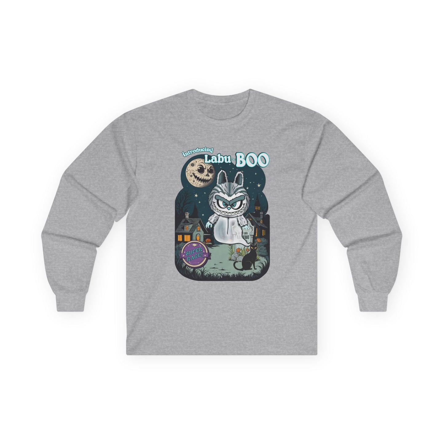 Labu Boo Unisex Tee, Halloween Cartoon Style Shirt, Spooky Labubu Artwork, Vintage Ghost Graphic Shirt, Unique Costume Tee, Quirky Long