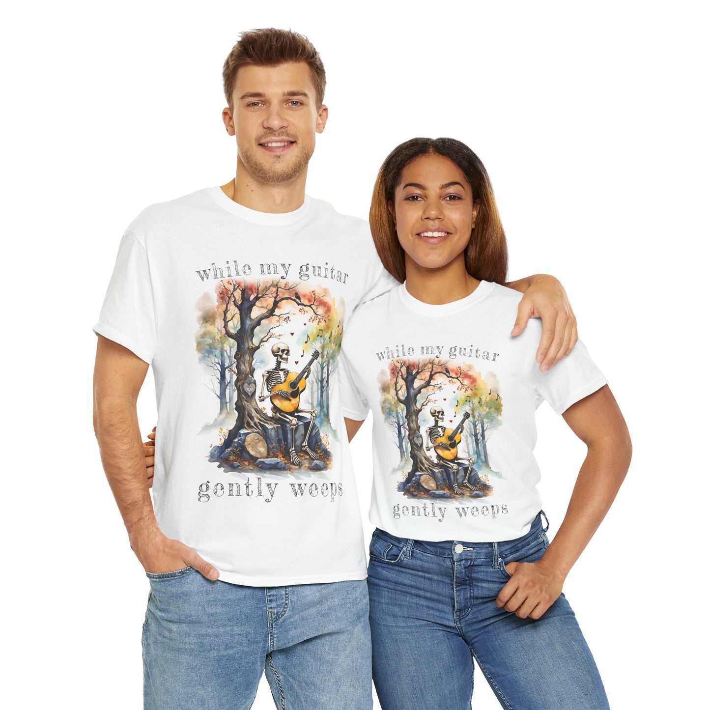 This gothic skeleton Tank Top Tee featuring a grisly guitarist jamming on an acoustic guitar in a haunting watercolor forest is a stunning tongue-in-cheek homage to the Beatles music. This hip couple looks great in this pair of Gildan unisex heavy cotton t-shirts.