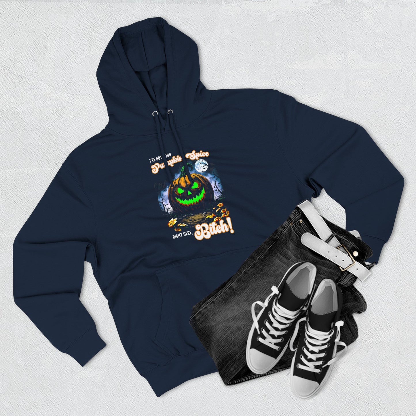 Halloween Three-Panel Fleece Hoodie, Spooky Jack-O'-Lantern & Pumpkin Spice, Festive Fall Apparel, Funny Unisex Sweatshirt, Cozy Seasonal