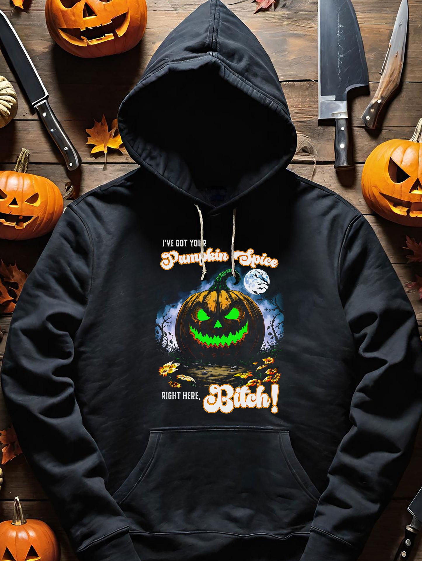 Halloween Three-Panel Fleece Hoodie, Spooky Jack-O'-Lantern & Pumpkin Spice, Festive Fall Apparel, Funny Unisex Sweatshirt, Cozy Seasonal