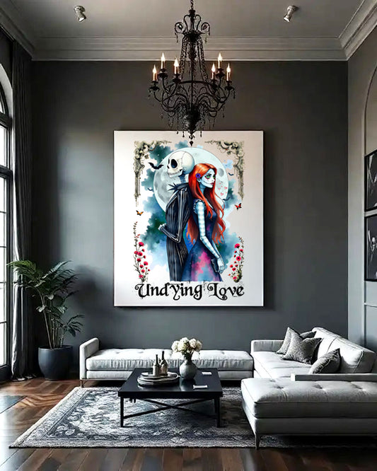 Jack and Sally Undying Love Canvas Painting, Jack and Sally Halloween Gothic Wal Art, Matte Canvas, Stretched,  Christmas Fan Art