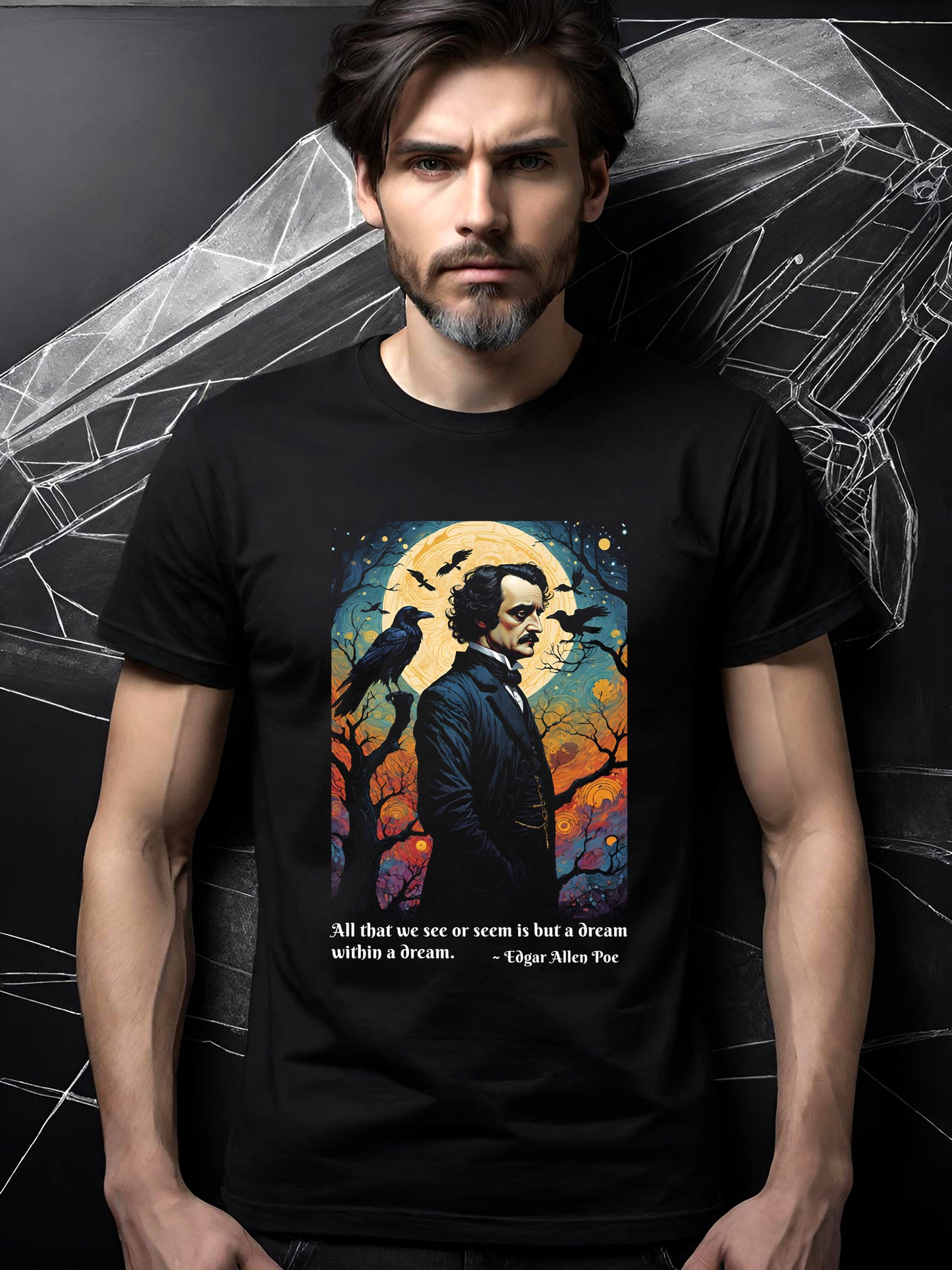 Once upon a midnight dreary. If these words conjure up images of diabolical fiends and fearsome specters, then you must be a fan of Poe, and you are in the right place to! Claim this stunningly creepy Edgar Allen Poe Men's T-shirt today!